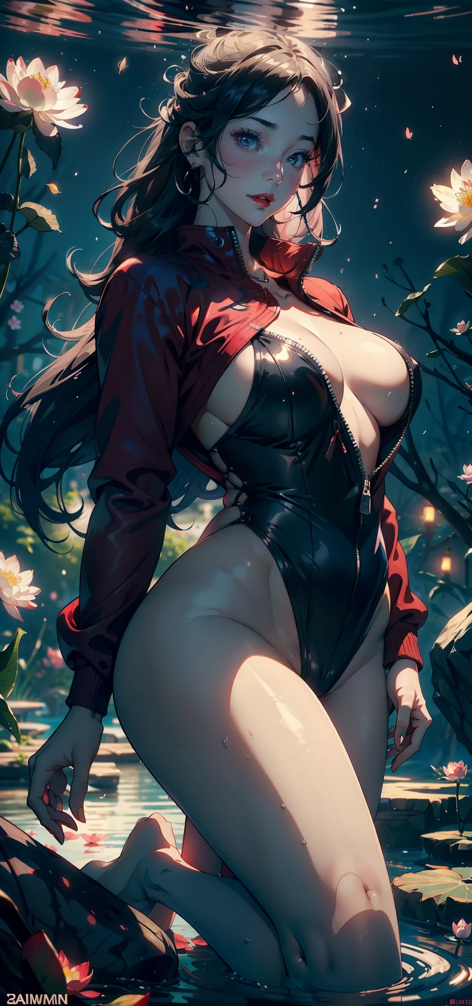 1female，35yo，plumw，extremely large bosom， 独奏，（Background with：ponds，Cherry blossom forest，lotus flower）Lie underwater， She has long pink hair，seen from the front，， mostly cloudy sky，（（（tmasterpiece），（Very detailed CG unity 8K wallpaper），best qualtiy，cinmatic lighting，detailed back ground，beatiful detailed eyes，Bright pupils，Black eyes，Snow-whiteskin，Redlip（Very fine and beautiful），（Beautiful and detailed eye description），ultra - detailed，tmasterpiece，））facing at camera，A high resolution，ultra - detailed），revealing breasts，Bare genitalia，  Bulge，legs are open，Raised sexy，Camel toes，Flushed complexion，Desire for dissatisfaction，frontage，ssmile（Wearing：Red baseball jacket，Black jumpsuits）