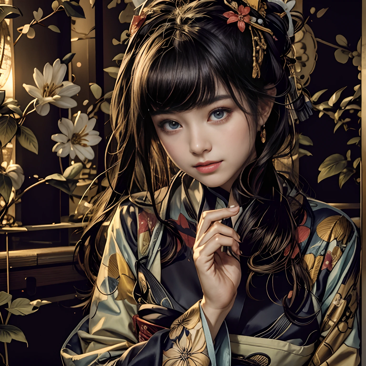 Photorealsitic、(Photorealsitic:1.4), (Top image quality:1.0), (超A high resolution:1.0), 8K、Japanese 0.1 : Korean 0.1 : Taiwan 0.3 、(( perfect eyes、Perfect mouth、Symmetrical eyes、))Raw photography, (masterpiece:0.2), (pureerosface_Right and left eyes or the same size、Big laugh 、v1:0.5)、(Best Quality Detail:1.2)、realisitic、8K、hight resolution、(1girl in:1.2)、The ultra-detailliert、High quality textures、intricate detailes、Very detailed CG、High quality shadows、Detail Beautiful delicate face、Detail Beautiful delicate eyes、Luxury kimono、Kimono with Japanese pattern,Floral scrunchie, Beautiful skin, facing the front there、look at viewr, (Detailed face), Gorgeous background with lots of flowers、