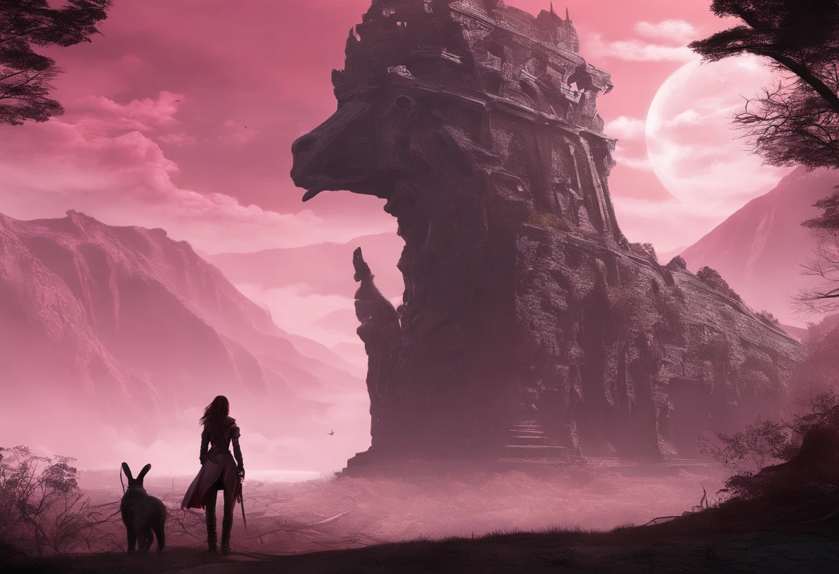 Stone statue and drawing of a girl, ((Huge legendary warrior stone statue on background:1.5)), ((s girl, Looking up at the statue, rabbitears, Dressed in pink armor:1.3)), (Best Quality,hight resolution),Detailed,Realistic,mystery,adventure,thrilling action,Beautiful Landscapes, ((Surrounded by vast forests)), 科幻小说,mystic atmosphere,Impressive visual effects,charmed,Enchanted World, A twist that bends the heart,Maze walls covered with lush greenery,Vibrant colors,ominous shadows,Impressive scale and depth,Complex puzzles,Exhilarating chase scenes,Running for survival,Thrilling suspense,Dangerous roads and dead ends,Mysterious creatures lurking in the maze,Heroic determination,Change your perspective,Nerve-breaking tension,Game-changing secrets hidden in mazes,Dangerous traps and obstacles,Unforgettable climax,Cinematic Masterpiece.