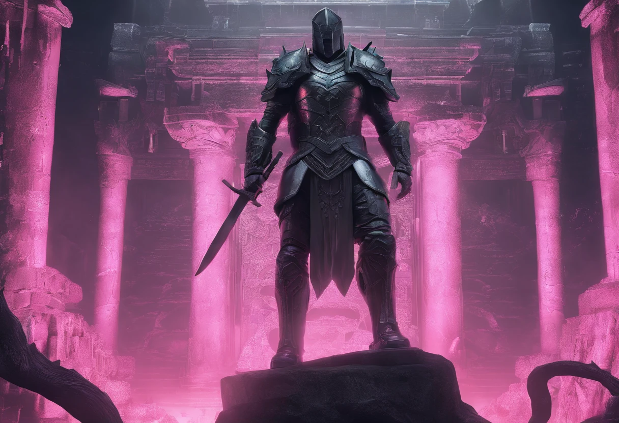 Stone statue and drawing of a girl, ((Huge legendary warrior stone statue on background:1.5)), ((s girl, Looking up at the statue, rabbitears, Dressed in pink armor:1.3)),  (Best Quality,hight resolution),Detailed,Realistic,mystery,adventure,thrilling action,Beautiful Landscapes, ((Surrounded by vast forests)), 科幻小说,mystic atmosphere,Impressive visual effects,charmed,Enchanted World, A twist that bends the heart,Maze walls covered with lush greenery,Vibrant colors,ominous shadows,Impressive scale and depth,Complex puzzles,Exhilarating chase scenes,Running for survival,Thrilling suspense,Dangerous roads and dead ends,Mysterious creatures lurking in the maze,Heroic determination,Change your perspective,Nerve-breaking tension,Game-changing secrets hidden in mazes,Dangerous traps and obstacles,Unforgettable climax,Cinematic Masterpiece.