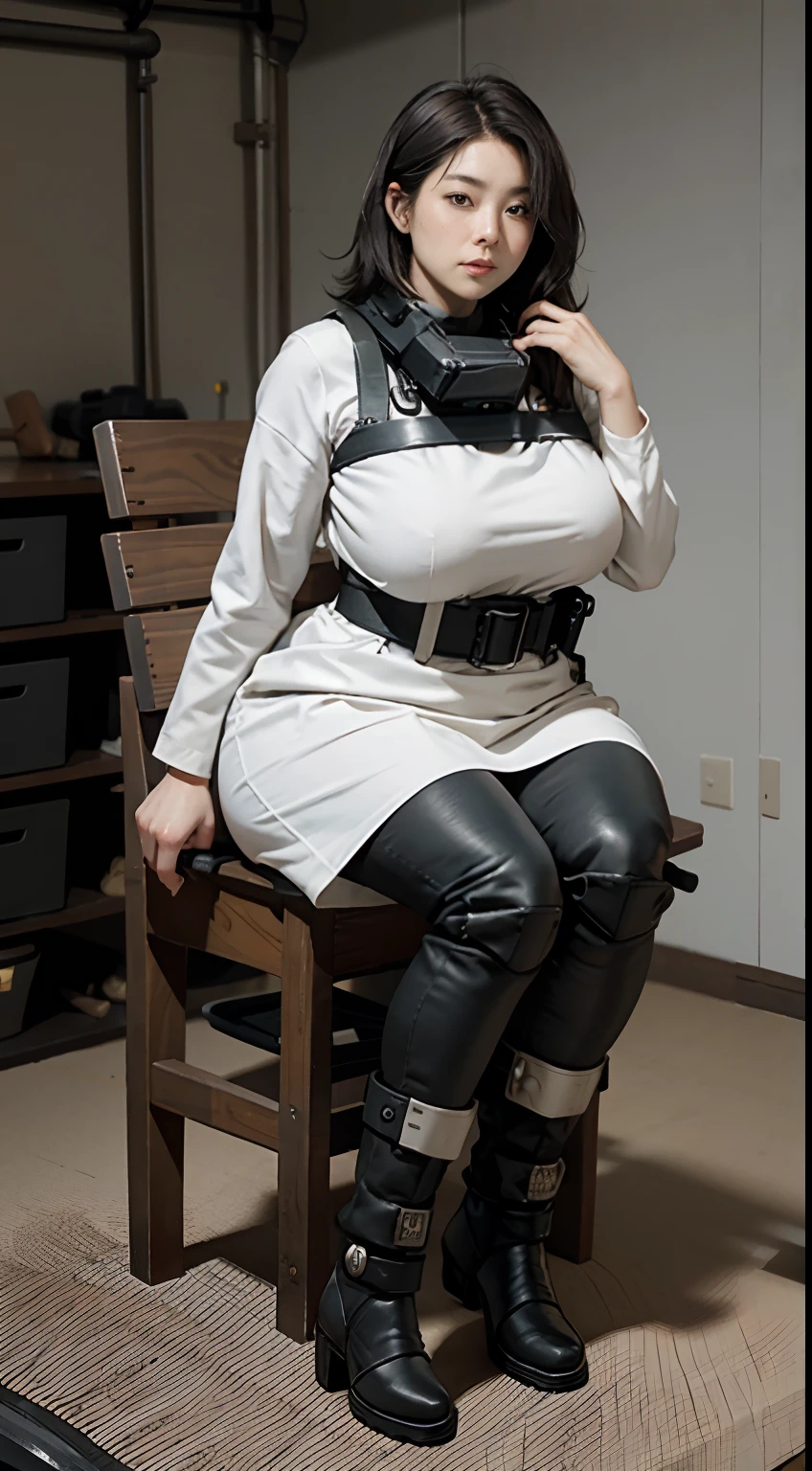 (opening legs）、Ultra detailed 8K CG、bdsm、Huge breasted、perfect female body、ballgag、Sitting、tied wrist、bondage suit、(Torture chair)、underground room、(Fastening restraints)、(plus size model)、Ecstatic look、Crisp focus、Very detailed face and skin texture