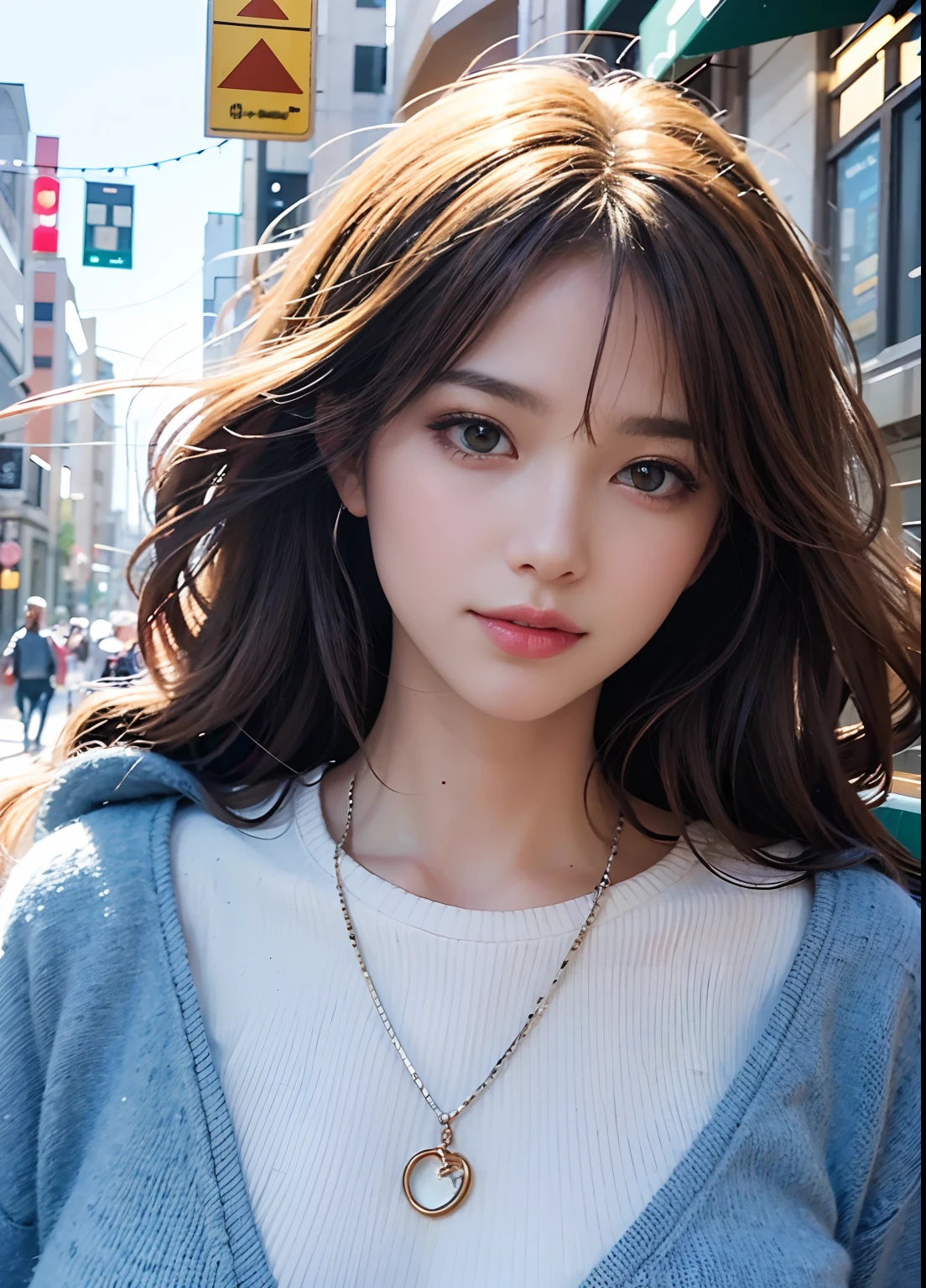 extremely detailed eyes, extremely detailed face, best quality ,masterpiece, extremely detailed, ultra-detailed, (realistic, photo-realistic:1.3), smile, (facing front), looking at viewer, white shirt, sunny day, outdoor, 1girl upperbody, dark chocolate color hair dye, long bob style