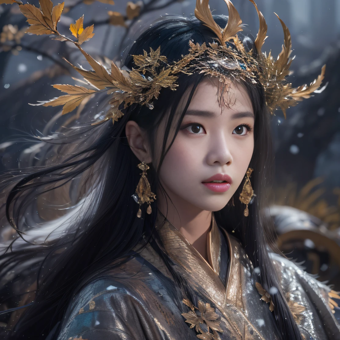 32K(tmasterpiece,k hd,hyper HD,32K)Long flowing black hair,Yellowstone,Tongzhou girl ,Snow Ice Flower Water Bottle Protector(realisticlying:1.4),Flame dragon pattern robe,Purple-pink tiara,The leaves flutter,The canyon background is pure,Hold your head high,Be proud,The nostrils look at people, A high resolution, the detail,autumnal, RAW photogr, Sharp Re, Nikon D850 Film Stock Photo by Jefferies Lee 4 Kodak Portra 400 Camera F1.6 shots, Rich colors, ultra-realistic vivid textures, Dramatic lighting, Unreal Engine Art Station Trend, cinestir 800,Hold your head high,Be proud,The nostrils look at people