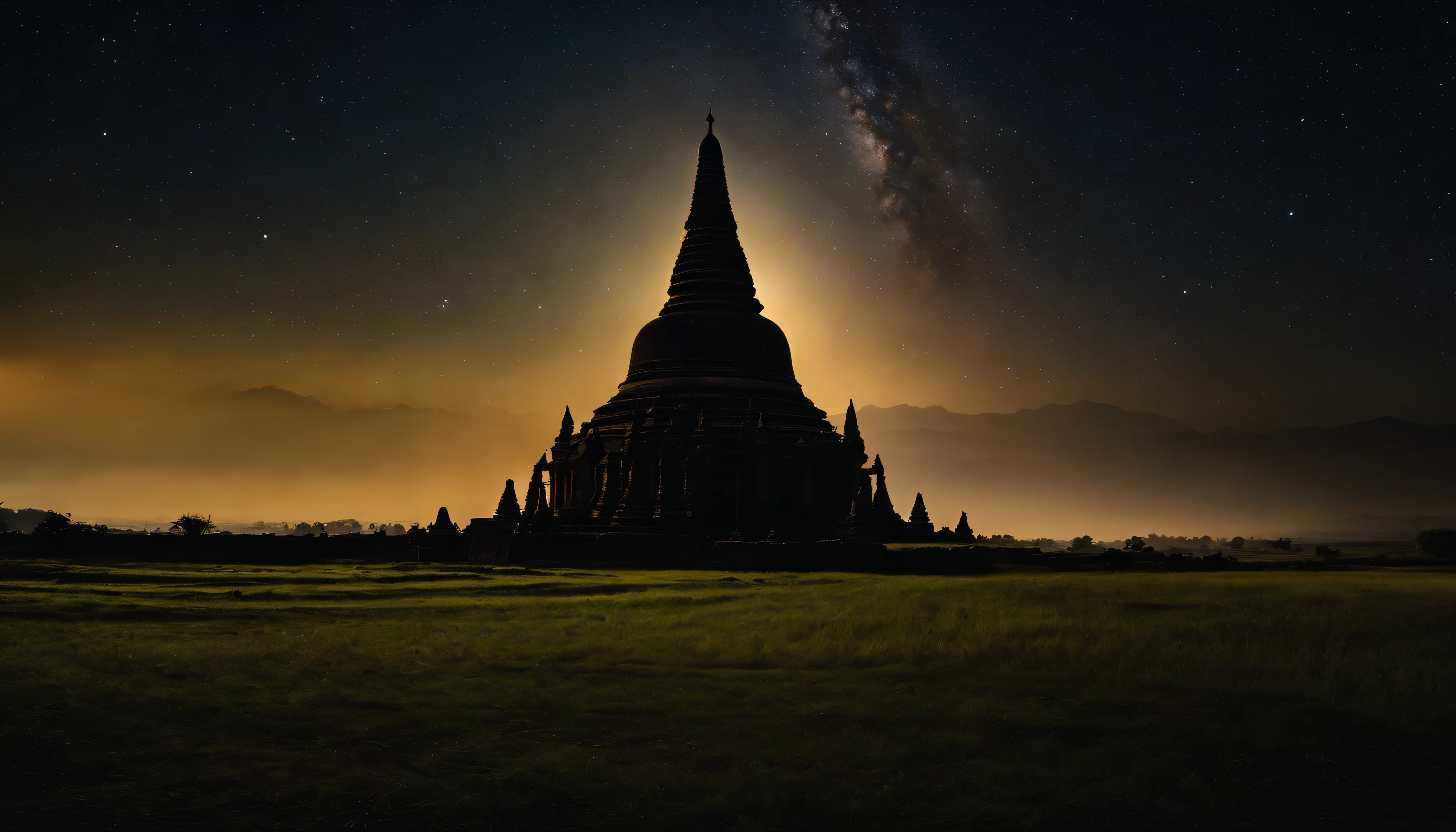 A night scene of Pagan Pagodas of Myanmar,, stary night, milky way in the sky, best composition, hyper detailed, masterpiece art work, long view, silhouette of pagodas , at night.soft light.