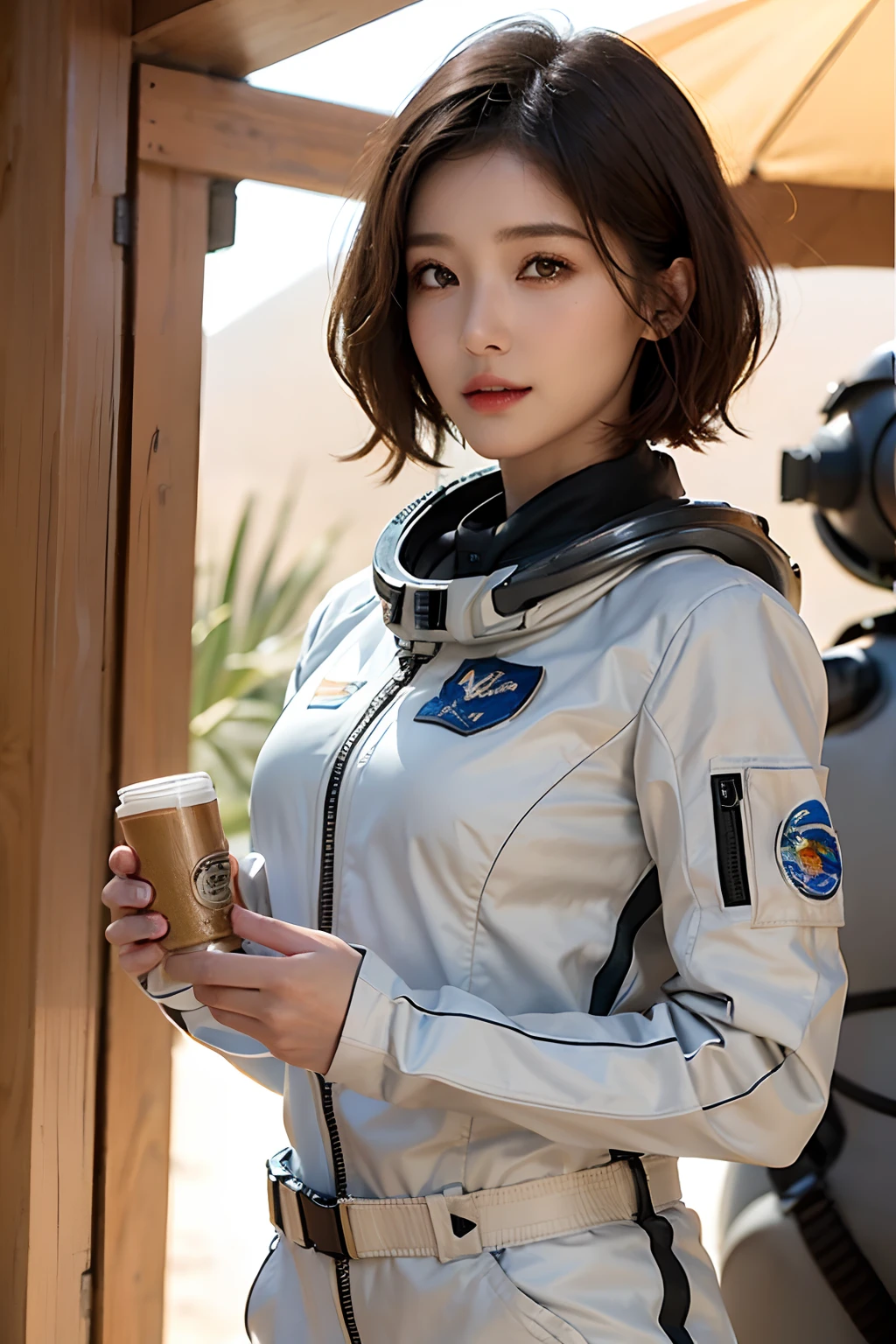 top-quality、masterpiece、超A high resolution、(realisitic:1.4)、Beautuful Women1、Beautiful detail eyes and skin、ssmile、Light brown short-cut hair、The perfect spacesuit、Inside the spacecraft、Sand Planet、sandstorm、