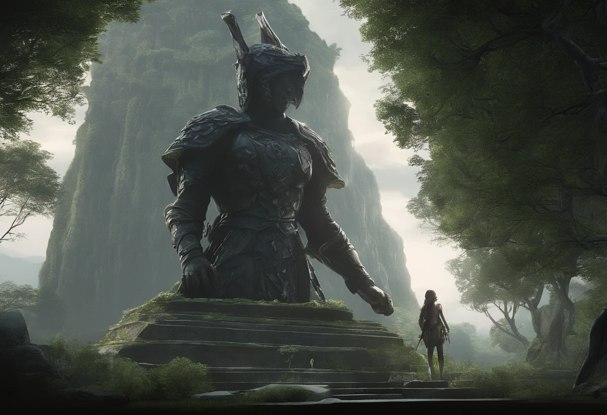 Stone statue and drawing of a girl, ((Huge legendary warrior stone statue on background:1.5)), ((teens girl, Looking up at the statue, rabbitears, Dressed in armor:1.3)),  (Best Quality,hight resolution),Detailed,Realistic,mystery,adventure,thrilling action,Beautiful Landscapes, ((Surrounded by vast forests)), 科幻小说,mystic atmosphere,Impressive visual effects,charmed,Enchanted World, A twist that bends the heart,Maze walls covered with lush greenery,Vibrant colors,ominous shadows,Impressive scale and depth,Complex puzzles,Exhilarating chase scenes,Running for survival,Thrilling suspense,Dangerous roads and dead ends,Mysterious creatures lurking in the maze,Heroic determination,Change your perspective,Nerve-breaking tension,Game-changing secrets hidden in mazes,Dangerous traps and obstacles,Unforgettable climax,Cinematic Masterpiece.