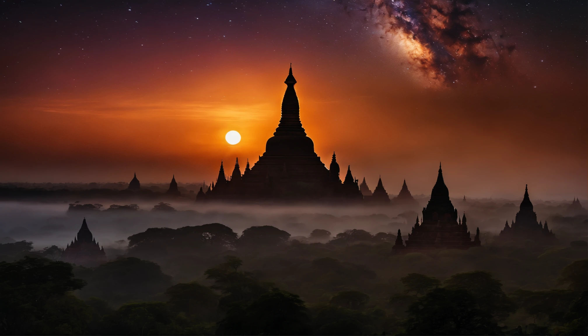 Bagan pagodas of Burma at night, start night, milky way in the sky, best composition, hyper detailed, masterpiece art work, long view, silhouette of pagodas , at night.