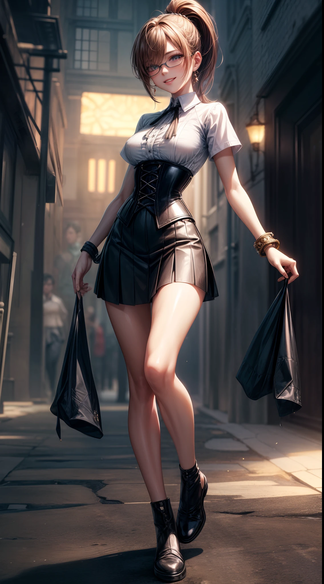 8K, masutepiece, Raw photo, Best Quality, Photorealistic, Highly detailed CG Unity 8k wallpaper, depth of fields, Cinematic Light, Lens Flare, Ray tracing, (Extremely beautiful face, Beautiful lips, Beautiful eyes), intricate detail face, ((Ultra detailed skin)) 1girl in, In the Dark, deepshadow, Pretty Korean girl, Kpop Idol, 1 girl, (Very slim and slender fit muscular body:1.3), ((Looking at Viewer)),(Big smile:1.3), (Blurred background),(No people in the background:1.3), Beautiful earrings, Bracelets, Clear eyes, Walking, (pale skin), (Big eyes), Face forward, (Brown hairs), (Full body shot), , ((Black high-waisted skirt)), , (Looking at Viewer:1.3) opened breast, Very slim, medium breasts, ass forcus, Before the eyebrows, thick thighs((whiteshirt:1.3)), (double-breasted,Underbust:1.2), Short sleeves, buttonGap,Frameless glasses,Corset Belt,Beautiful ponytail,