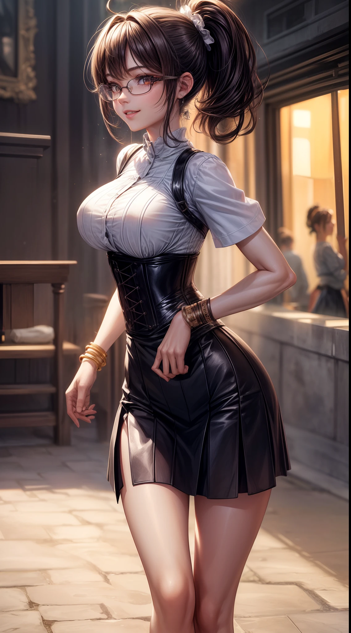 8K, masutepiece, Raw photo, Best Quality, Photorealistic, Highly detailed CG Unity 8k wallpaper, depth of fields, Cinematic Light, Lens Flare, Ray tracing, (Extremely beautiful face, Beautiful lips, Beautiful eyes), intricate detail face, ((Ultra detailed skin)) 1girl in, In the Dark, deepshadow, Pretty Korean girl, Kpop Idol, 1 girl, (Very slim and slender fit muscular body:1.3), ((Looking at Viewer)),(Big smile:1.3),  (Blurred background),(No people in the background:1.3), Beautiful earrings, Bracelets,  Clear eyes, Walking, (pale skin), (Big eyes), Face forward, (Brown hairs), (Full body shot), , ((Black high-waisted skirt)), , (Looking at Viewer:1.3) opened breast, Very slim, medium breasts, ass forcus, Before the eyebrows, thick thighs((whiteshirt:1.3)), (double-breasted,Underbust:1.2), Short sleeves, buttonGap,Frameless glasses,Corset Belt,Beautiful ponytail,