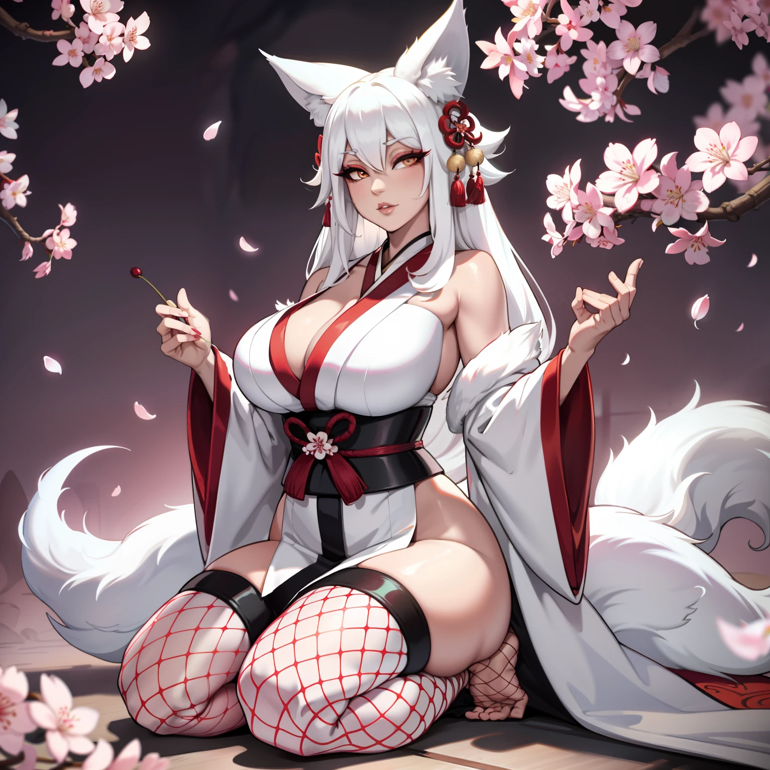 Curvy white haired 9 tailed kitsune wearing fur lined robe and cherry blossom kimono, wearing thigh high fishnets (ALONE)(SOLO), alone, solo