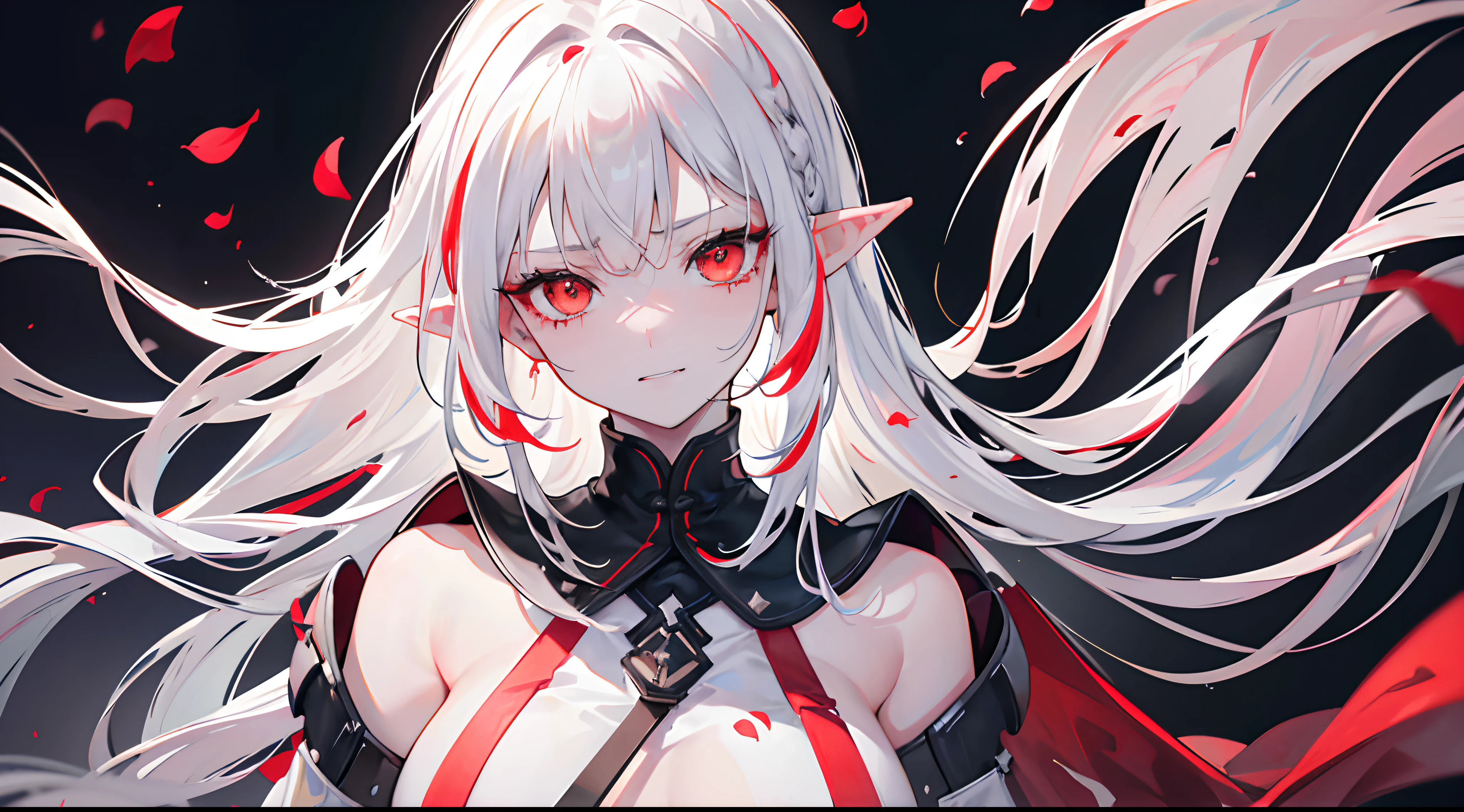 ((Ultra-detailed)), (top-quality), ((masterpiece)), ((Super exciting)), ((8K)), ((1080p)), ((extremely clear)), ((Very sophisticated)), ((Anime Graphics)), ((Anime quality)), ((Anime Illustration)), ((Upper lighting)), ((depth of fields)), ((Glowing skin)), ((gleaming)), ((shiny-glistening)), (3D)), ((Perfect Anatomy)),(((Solo)), ((a lady)), (a elf:1.1)), ((dark skin)), ((sexy dress), (red dress), (shoulder less)), ((upper body), (face up)), ((platinum hair:1.2), (long hair:1.3), (braid hair:1.0)), ((red eyes), (slanted eyes), (thin eyebrows), (long eyelines)), ((grinned), (smile), (open mouth)), ((Tokyo:1.1), (downtown area), (neon light), (night)), (blush), (corset), (huge boobs),