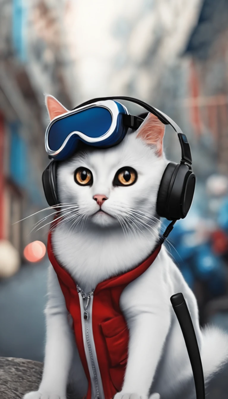 kucing berkacamata hitam dan headphone mengenakan jaket putih mendengarkan musik dengan latar belakang merah muda dan biru