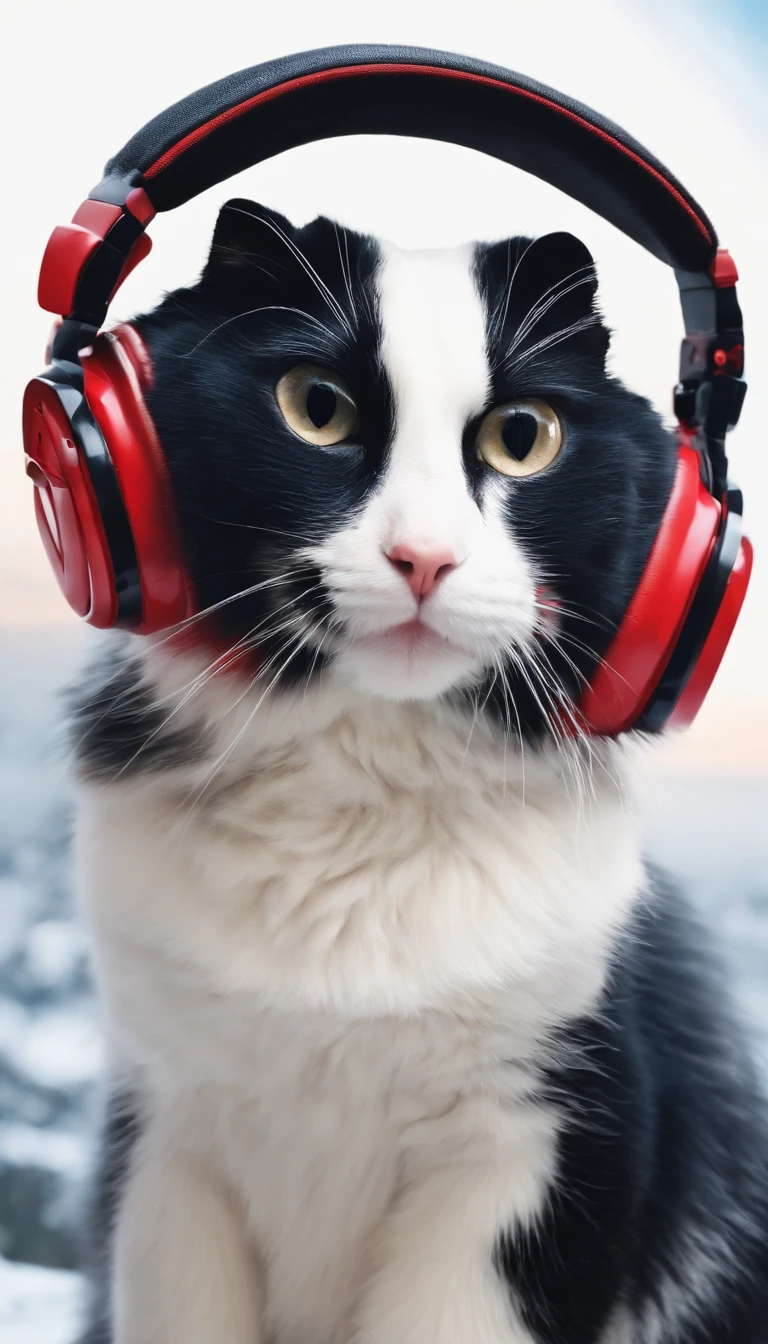 kucing berkacamata hitam dan headphone mengenakan jaket putih mendengarkan musik dengan latar belakang merah muda dan biru