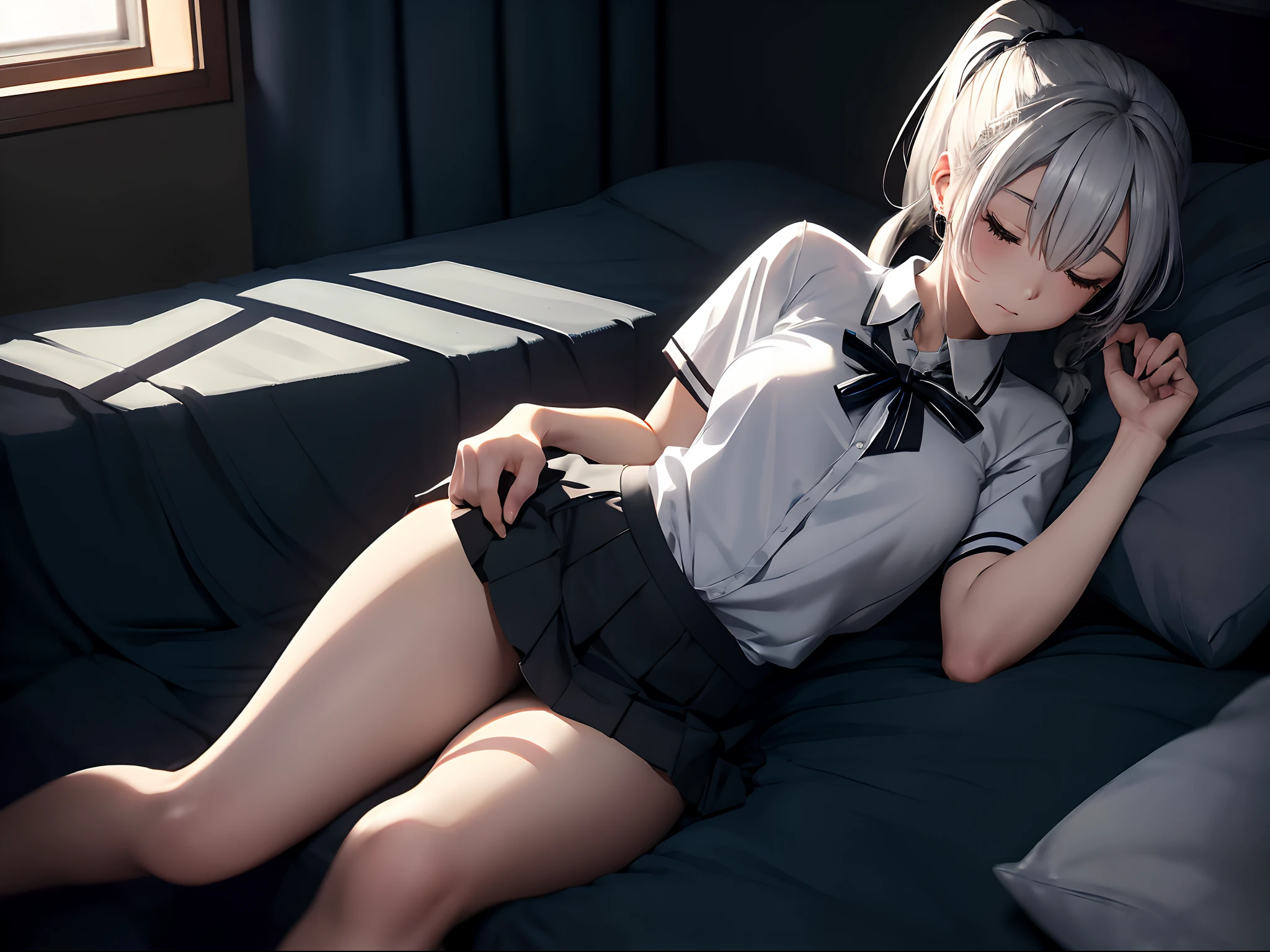 Silver-haired high school student、boredom、Short ponytail、poneyTail、、White short-sleeved shirt、skirt by the、(sleep、Sleep on your side、limp、Beautiful leg line beauty、Well-proportioned body、Detailed skin)、Beautiful legs、Bedrooms、
