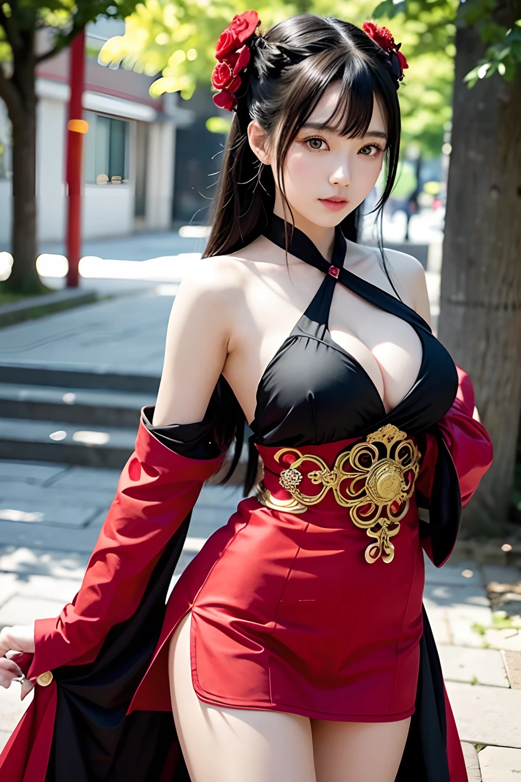 anime girl in a red and black dress with red flowers in her hair, artwork in the style of guweiz, guweiz, chinese girl, trending on cgstation, cute anime waifu in a nice dress, guweiz on pixiv artstation, palace , a girl in hanfu, beautiful digital artwork, guweiz on artstation pixiv