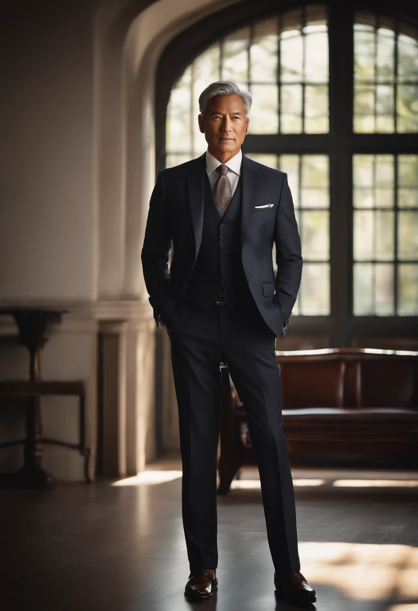 middle-aged man, asian, oval face, brown skin, serious expression, neat and tidy appearance, confident posture, standing by a window, sunlight shining on his face, wearing a tailored suit, carrying a briefcase, a hint of gray hair, piercing eyes, distinguished look, faint smile, a hint of wisdom and experience, professional background, successful businessman, elegant and refined, regal aura, sophisticated charm, high-res image quality, ultra-detailed features, crisp focus, realistic skin texture, vibrant colors, warm color tones, natural lighting, sophisticated and timeless artwork.