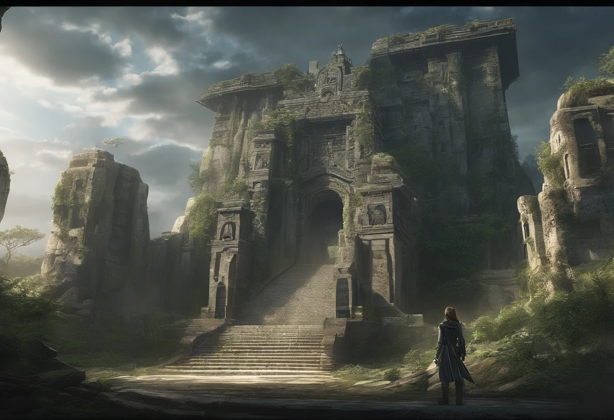 Stone statue and drawing of a girl, ((Huge legendary warrior stone statue on background:1.5)), ((s girl, Looking up at the statue, Rabbit eared, Dressed in armor:1.3)), (Best Quality,hight resolution),Detailed,Realistic,mystery,adventure,thrilling action,Beautiful Landscapes, ((Surrounded by vast forests)), 科幻小说,mystic atmosphere,Impressive visual effects,charmed,Enchanted World, A twist that bends the heart,Maze walls covered with lush greenery,Vibrant colors,ominous shadows,Impressive scale and depth,Complex puzzles,Exhilarating chase scenes,Running for survival,Thrilling suspense,Dangerous roads and dead ends,Mysterious creatures lurking in the maze,Heroic determination,Change your perspective,Nerve-breaking tension,Game-changing secrets hidden in mazes,Dangerous traps and obstacles,Unforgettable climax,Cinematic Masterpiece.