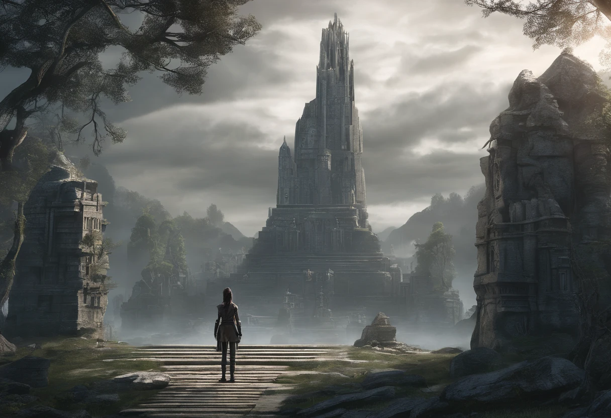 Stone statue and drawing of a girl, ((Huge legendary warrior stone statue on background:1.5)), ((teens girl, Looking up at the statue, Rabbit eared, Dressed in armor:1.3)),  (Best Quality,hight resolution),Detailed,Realistic,mystery,adventure,thrilling action,Beautiful Landscapes, ((Surrounded by vast forests)), 科幻小说,mystic atmosphere,Impressive visual effects,charmed,Enchanted World, A twist that bends the heart,Maze walls covered with lush greenery,Vibrant colors,ominous shadows,Impressive scale and depth,Complex puzzles,Exhilarating chase scenes,Running for survival,Thrilling suspense,Dangerous roads and dead ends,Mysterious creatures lurking in the maze,Heroic determination,Change your perspective,Nerve-breaking tension,Game-changing secrets hidden in mazes,Dangerous traps and obstacles,Unforgettable climax,Cinematic Masterpiece.