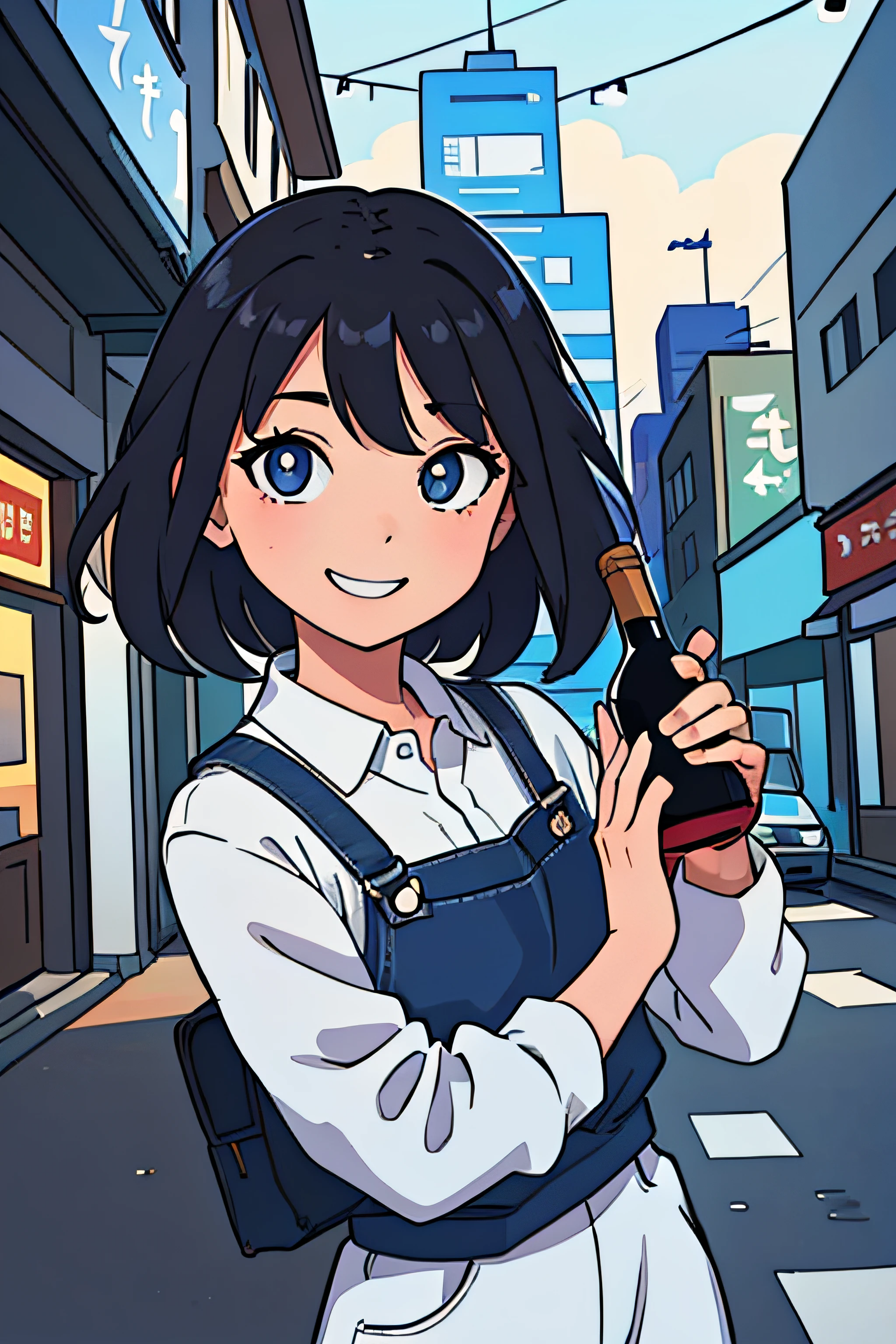 （best qualtiy：0.8），（best qualtiy：0.8），Perfect anime illustration，A beautiful woman，Extreme close-up portrait through the city，Holding a bottle of wine in one hand，Smile and look at the camera，Black color hair，long whitr hair，Show only one hand，Fingers are normal，Blue pupils，Women atrophy overall