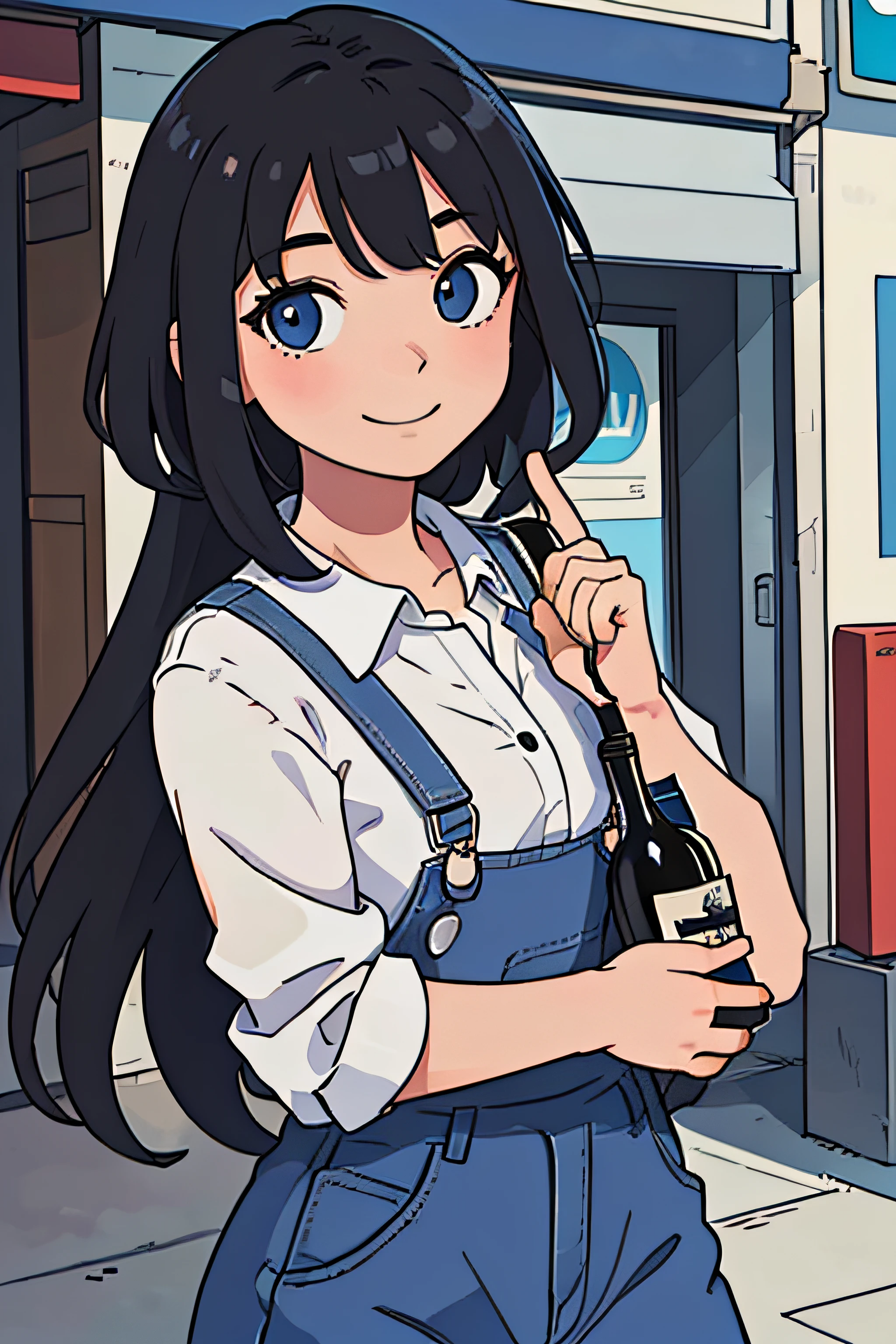 （best qualtiy：0.8），（best qualtiy：0.8），Perfect anime illustration，A beautiful woman，Extreme close-up portrait through the city，Holding a bottle of wine in one hand，Smile and look at the camera，Black color hair，long whitr hair，Show only one hand，Fingers are normal，Blue pupils，Women atrophy overall