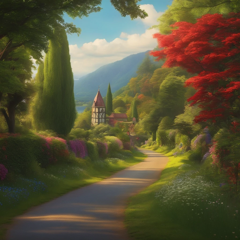ghibli studios, aesthetic, road leading towards village, beautiful day, garden, river