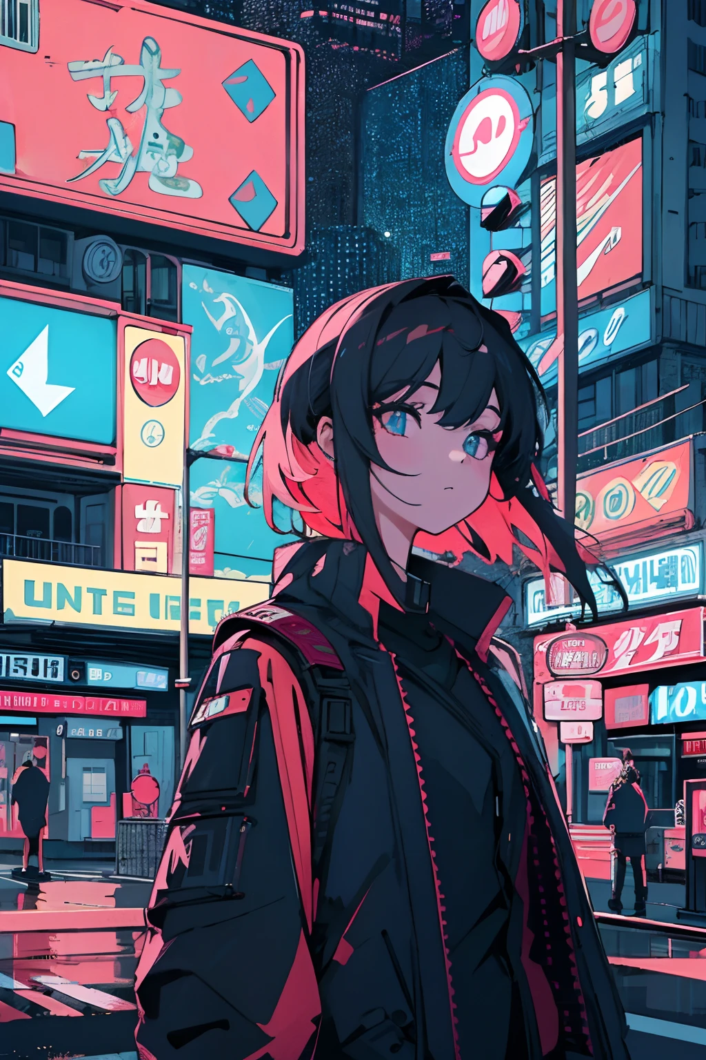 Best quality, (masterpiece:1.2), best detail face, 1girl, night city wear, huge breast, perfect body, standing, smile, grinning expression, landscape is cyber punk city , at night , acid house, Lofi mix, in a back alley, Slut not wearing clothes