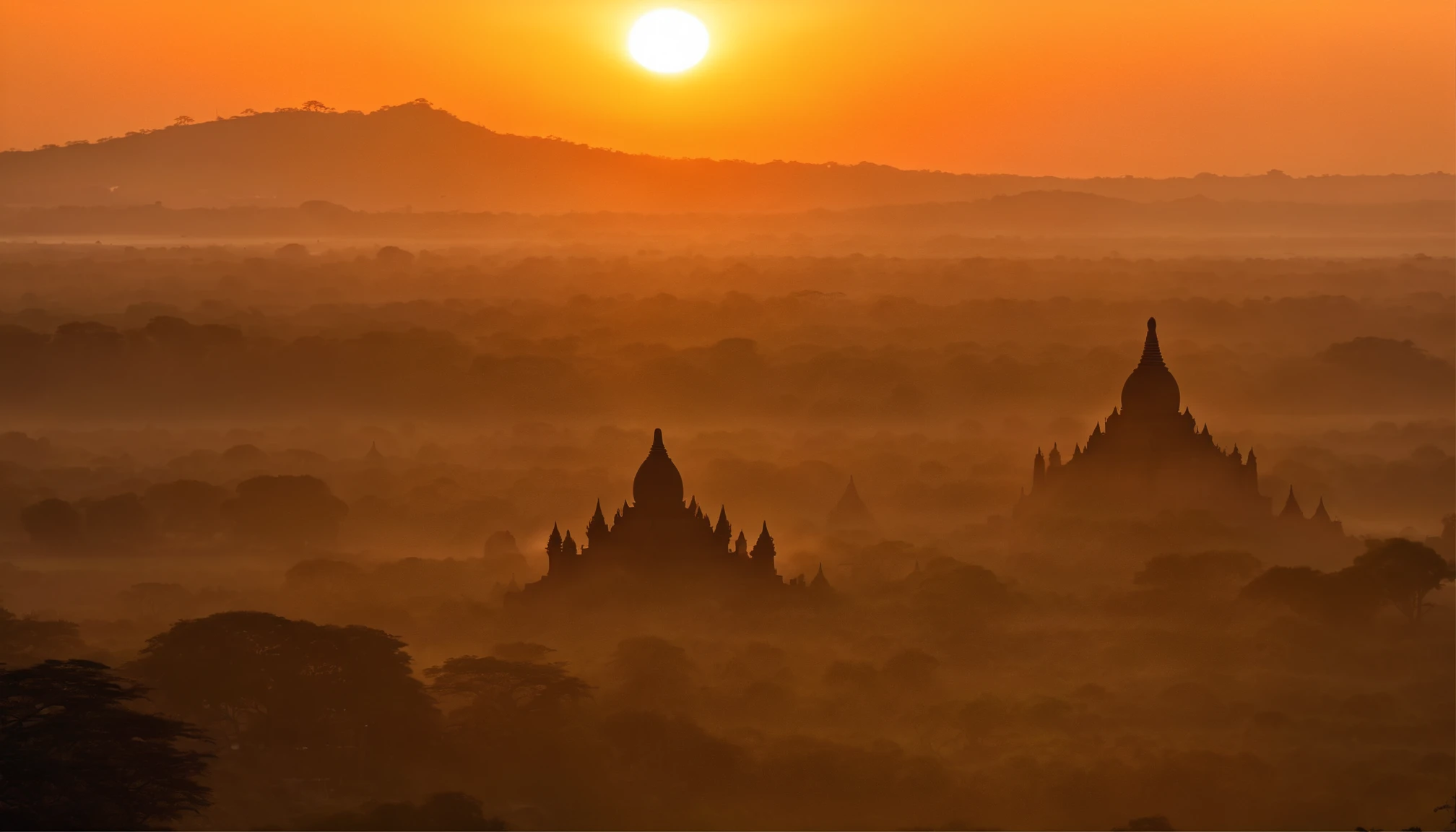 Bagan pagodas of Burma at sunrise, morning ddew, best composition, masterpiece art work, long view, silhouette of pagodas , at sunrise,
