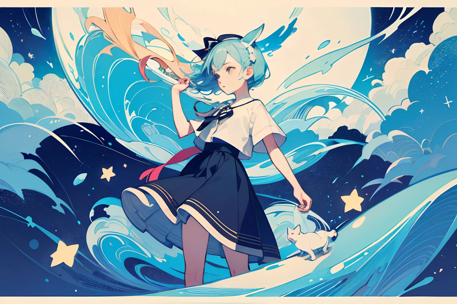 ((tmasterpiece)), ((ultra - detailed)), ((best qualtiy)), 美丽细致的眼睛, 详细的脸, The best lighting, The best shadow, 1girll, 独奏, ((Classic Disney style, edge lit, Flat 2D style, Disney 2D)), ((The main colors are orange and greenish-blue), Neverland,in wonderland, Cold nose, (((Buble))), Marbles, (highly detailed), Whirlpool effect,An indifferent look,ta skirt,Sample skirt,Simple clothing,White slip dress,dual horsetail,swirles,Falling stars and icebergs,Looking,
