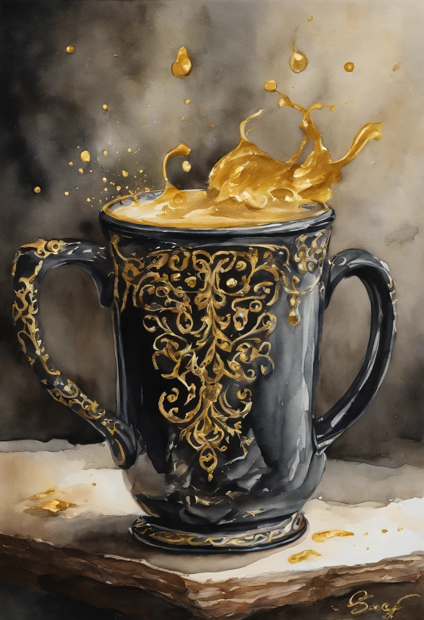 Solid black with gold swirls and served in a pewter mug. The drink smells like orc spit and tastes like medicine. It is a minor local legend