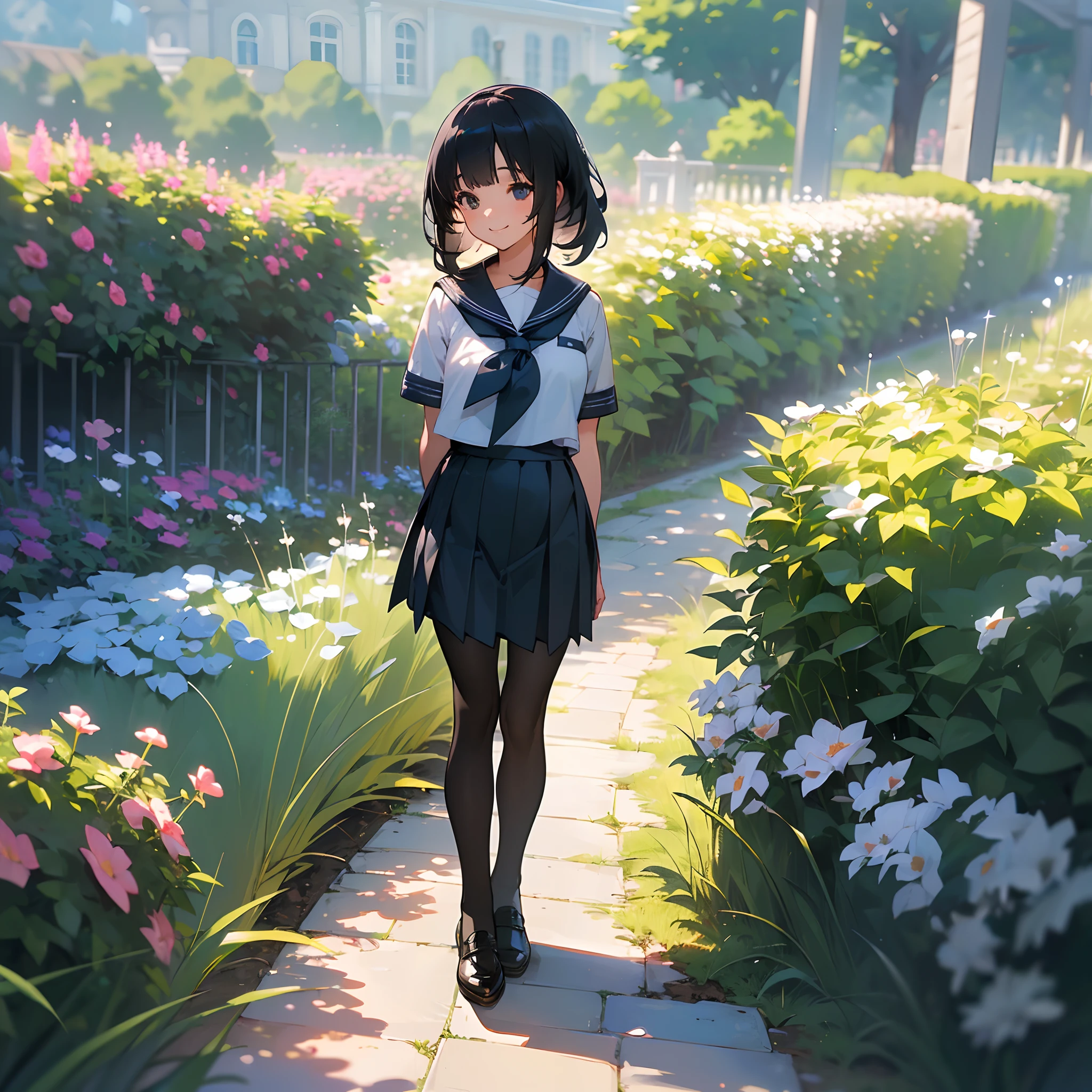 (Best Quality, hight resolution, Ultra-detailed, Realistic:1.37), peaceful ambiance, (plein air, garden), Teenage girl standing alone, Beautiful detailed features, Cute smile, ((Black bob hair)),Navy blue sailor suit, Pleated skirt,Black pantyhose,Leather shoes.