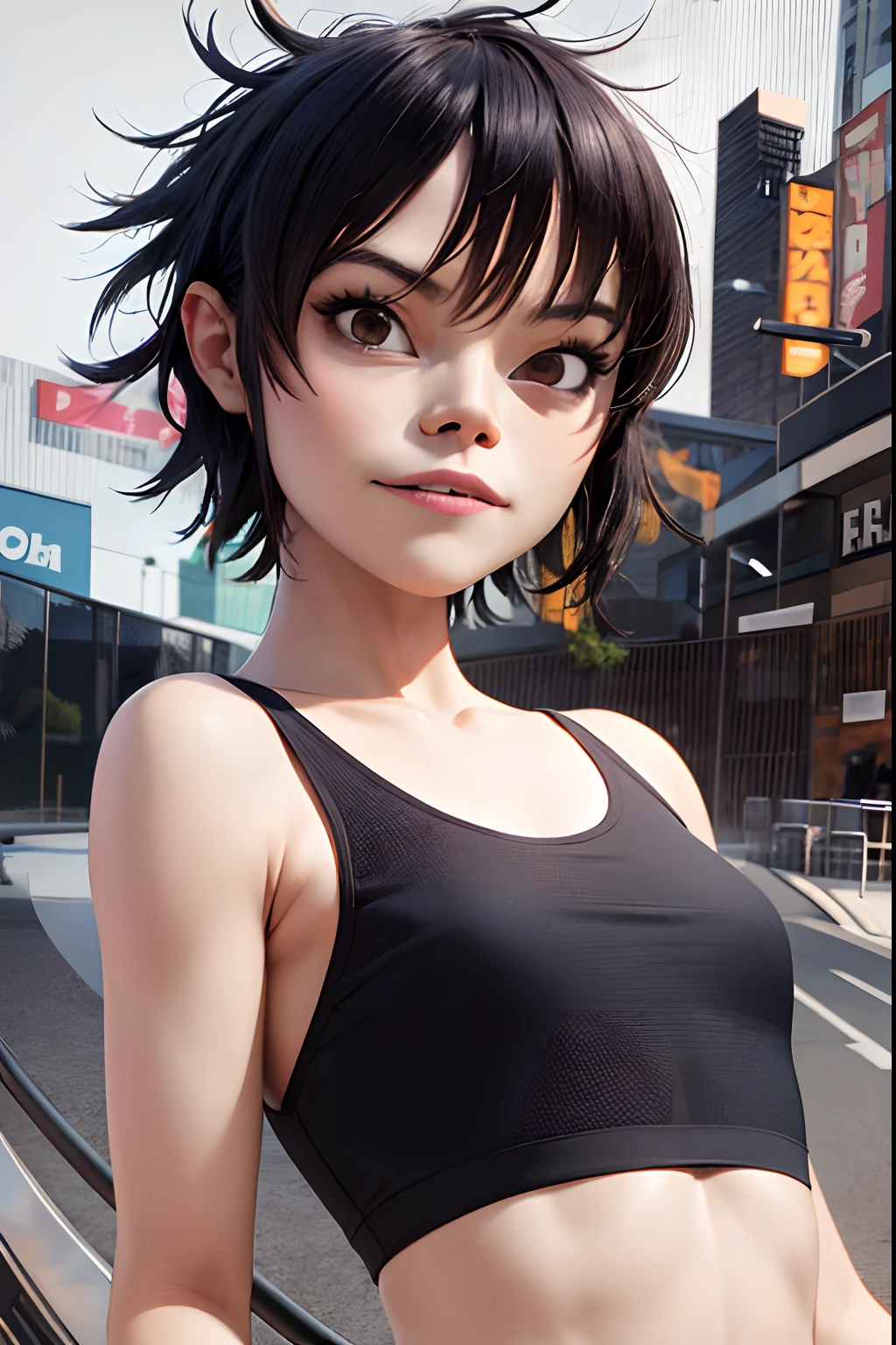 (masterpiece, best quality:1.2),  noodle (gorillaz), black hair, 1girl, black eyes, bangs, bangs covering eyes,  parted lips, breasts, small breasts,  bob cut, absurdres, highres, 4k, ray tracing, perfect face, perfect eyes, intricate details, highly detailed, top-quality, idol, depth of field, photo, crop top, film, upper body, face, skinny, skinny, smile, crowd, teeth, ribs, abs,