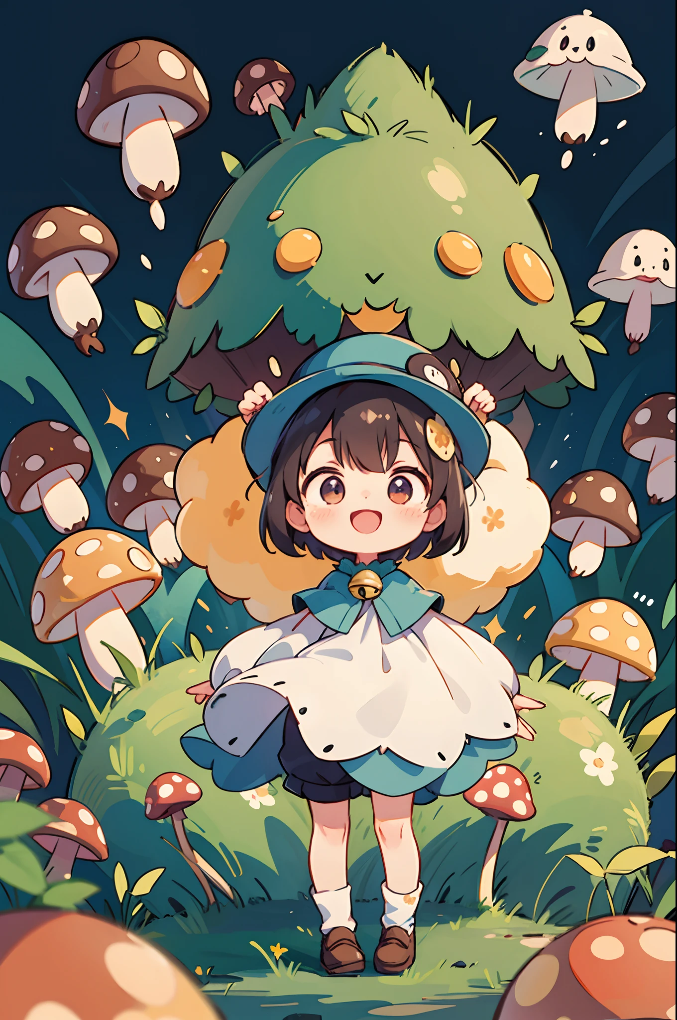 digitalart、Personification of the mushroom spirit、Yuru Chara Style、The hat is characteristic、Laugh、Wearing a bell