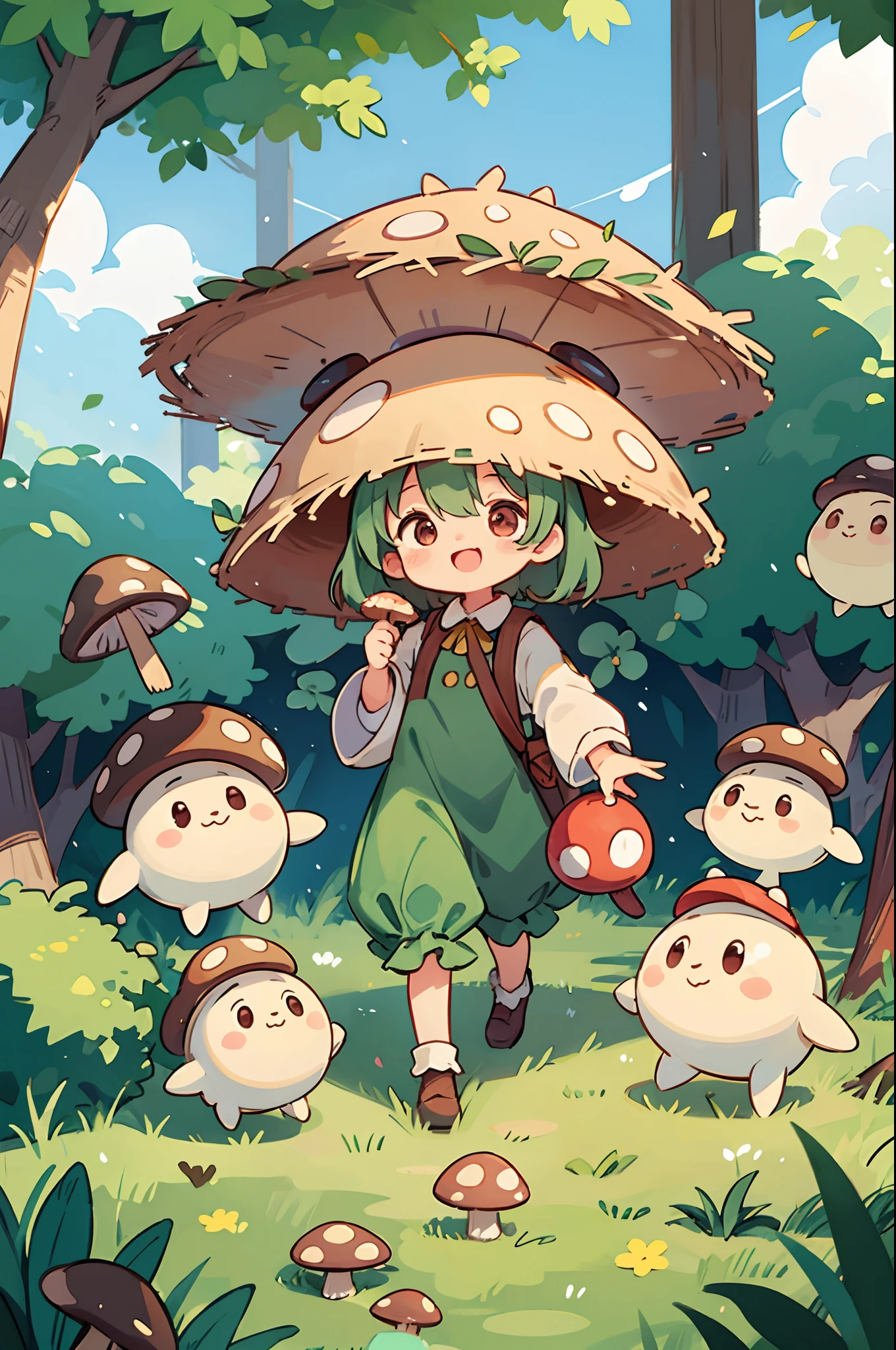 digitalart、Personification of the mushroom spirit、Yuru Chara Style、The hat is characteristic、Laugh、Wearing a bell