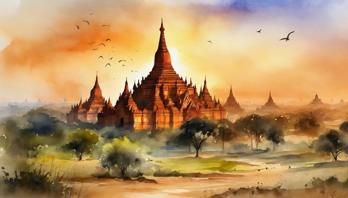 Bagan pagodas of Burma at sunset, best composition, masterpiece art work, long view, panorama view.