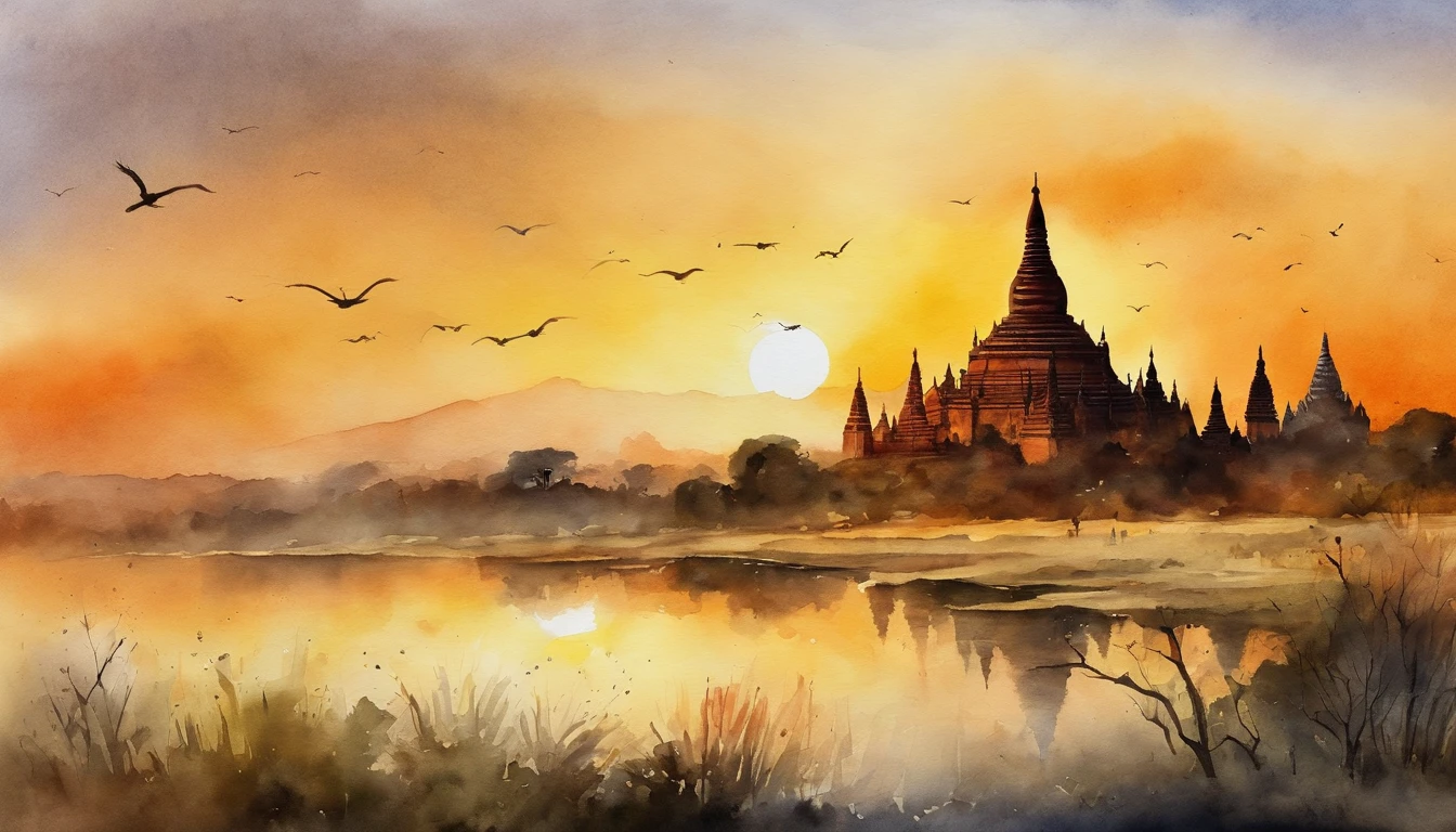 Bagan pagodas of Burma at sunset, best composition, masterpiece art work, long view, panorama view.