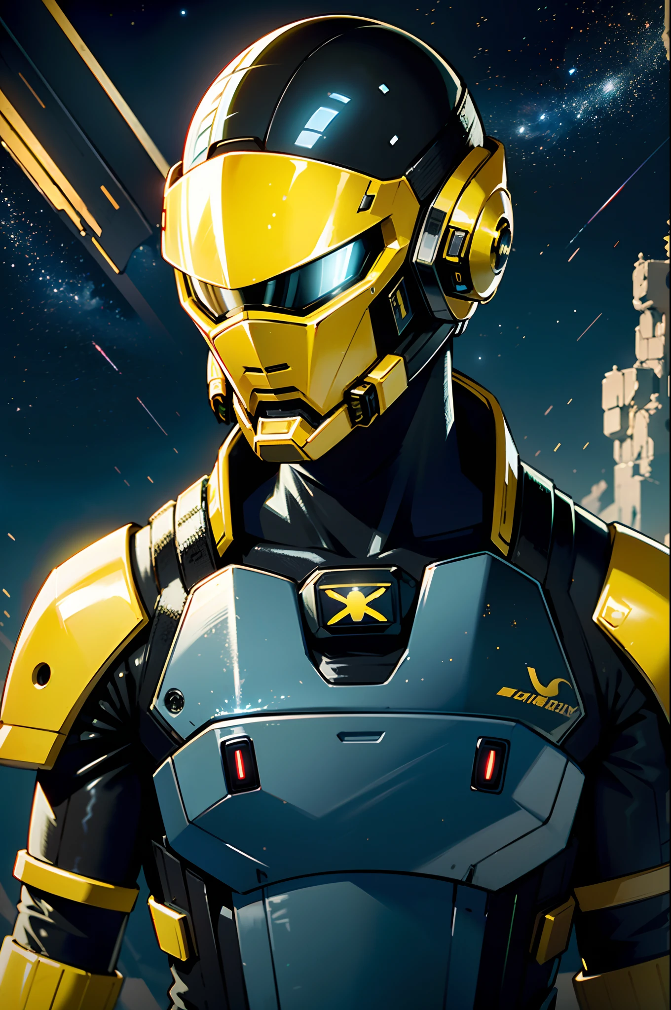nijistyle, rfktr_technotrex, mulher explorando planetas, alien worlds, exotic locations, deep-space, terrores desconhecidos, galactic, nebulosas, estrelas, fcPortrait, Time-worn yellow armor with cyberpunk-style tech helmet with black visor
