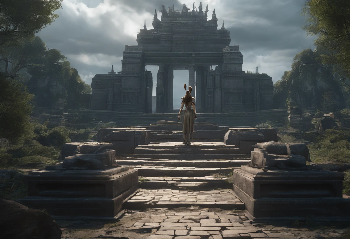 Stone statue and drawing of a girl, ((Stone statue of warrior on background:1.5)), ((teens girl, Looking up at the statue, Rabbit eared, Dressed in armor:1.3)), (Best Quality,hight resolution),Detailed,Realistic,mystery,adventure,thrilling action,Beautiful Landscapes, ((Surrounded by vast forests)), 科幻小说,mystic atmosphere,Impressive visual effects,charmed,Enchanted World, A twist that bends the heart,Maze walls covered with lush greenery,Vibrant colors,ominous shadows,Impressive scale and depth,Complex puzzles,Exhilarating chase scenes,Running for survival,Thrilling suspense,Dangerous roads and dead ends,Mysterious creatures lurking in the maze,Heroic determination,Change your perspective,Nerve-breaking tension,Game-changing secrets hidden in mazes,Dangerous traps and obstacles,Unforgettable climax,Cinematic Masterpiece.