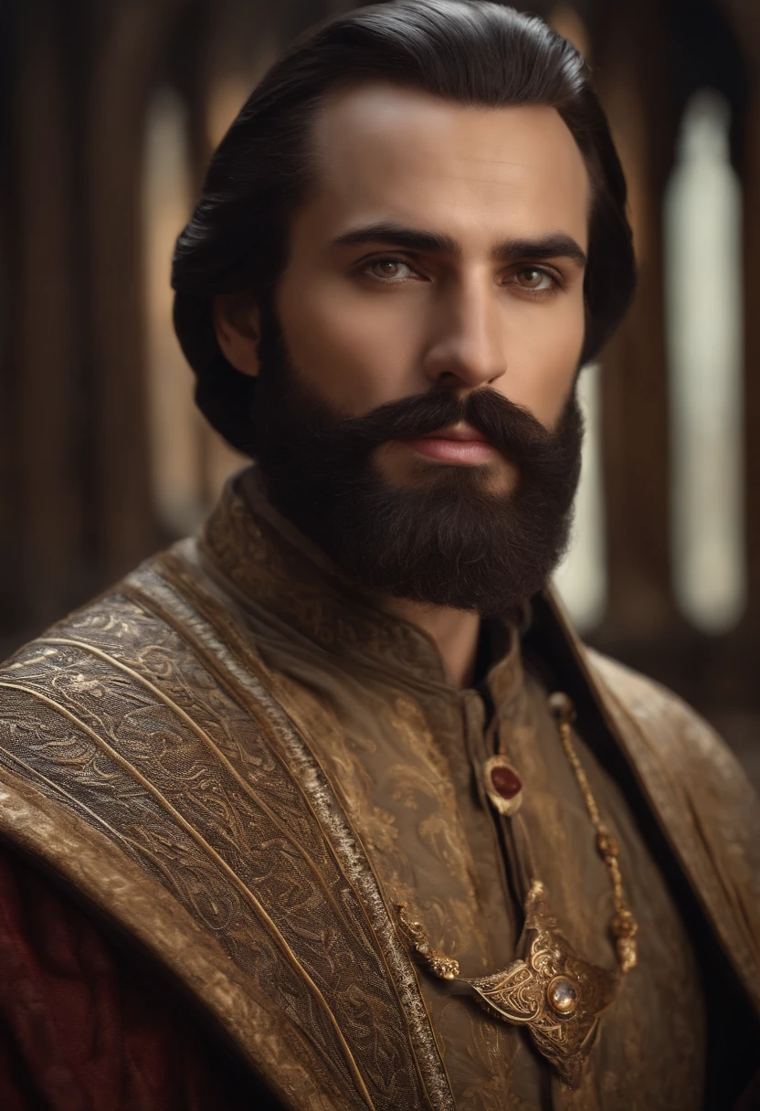 A hyper realistic oil painting portrait of a great king with long pulled back brown hair, with slight grey, brown beard slightly grey,  pale skin, brown expressive eyes, serious look, ceremonial royal luxurious attire, Arabic patterns, out of focus background, ultra realistic, realism, real, photography, HD, 4k, Ultra HD, Full HD, High Definition, insane detailed skin texture, bearded, slight smile, eastern costume, Westeros, middle earth, medieval, fantasy, volumetric lighting, insane details, intricate textures, perfect details, HD, sharp focus, masterpiece, award-winning photograph, - -ar 2:3, trending on artstation, sharp focus, studio photo, intricate details, highly detailed, by greg rutkowski