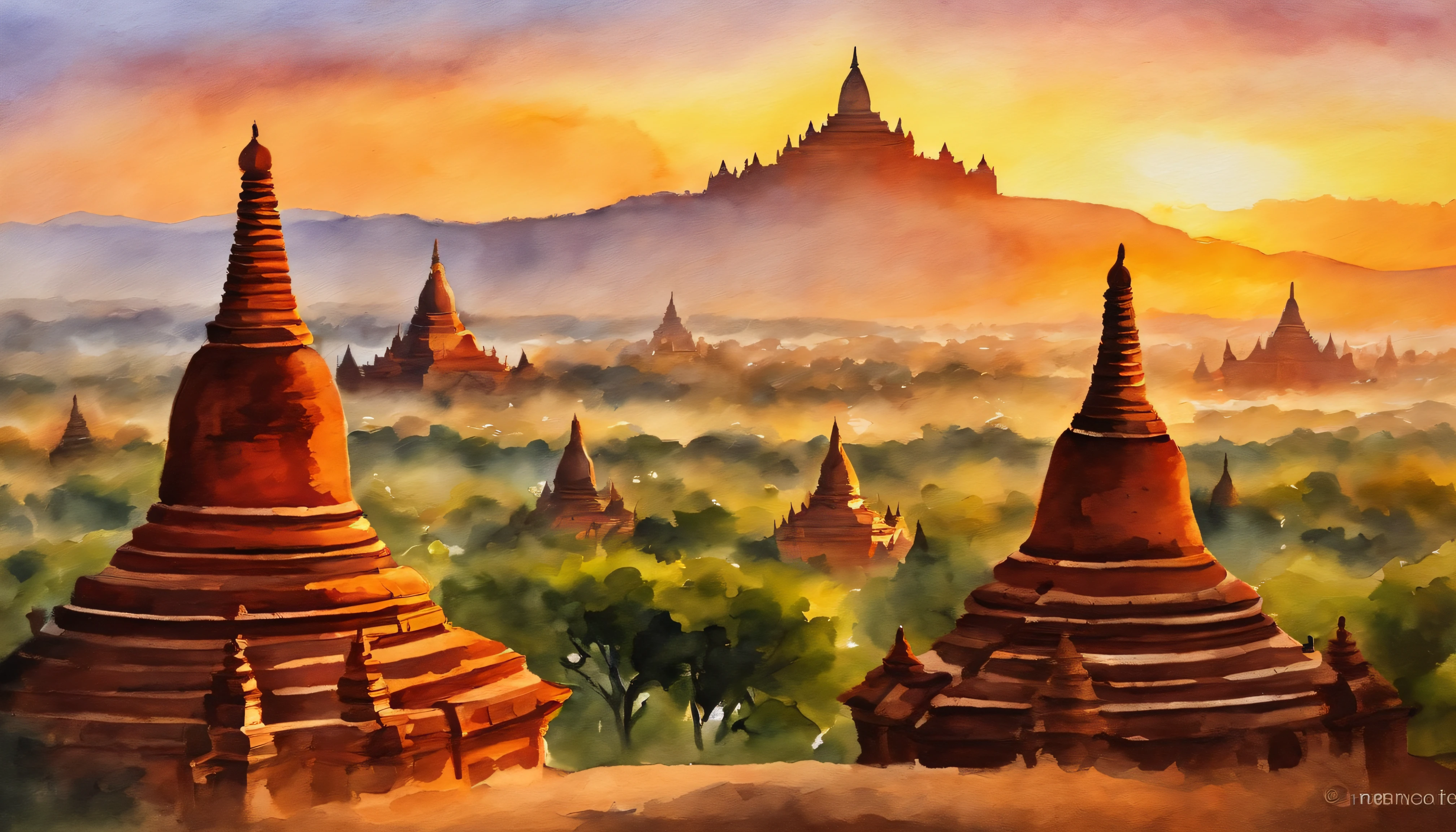 Bagan pagodas of Burma at sunset, best composition, masterpiece art work, long view, panorama view.