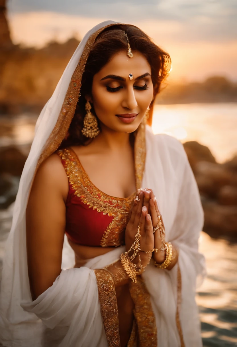 Huma Qureshi as a holy woman, bathing in the Ganges, water above hips, completely naked, a white scarf held close to body, palms joined in prayer, large eyes, sunrise, temples on the background, smiling, upper body, front view