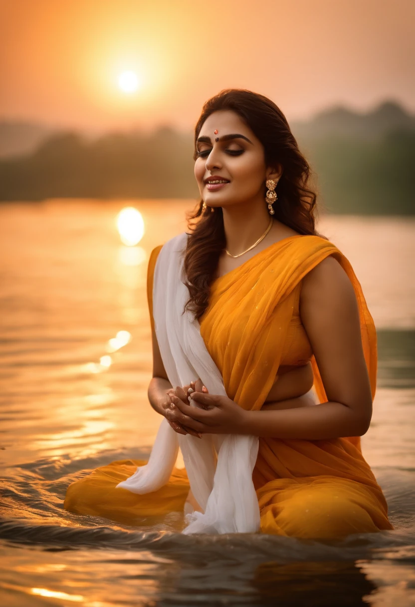 Huma Qureshi as a holy woman, bathing in the Ganges, water above hips, completely naked, a white scarf held close to body, palms joined in prayer, large eyes, sunrise, temples on the background, smiling, upper body, front view