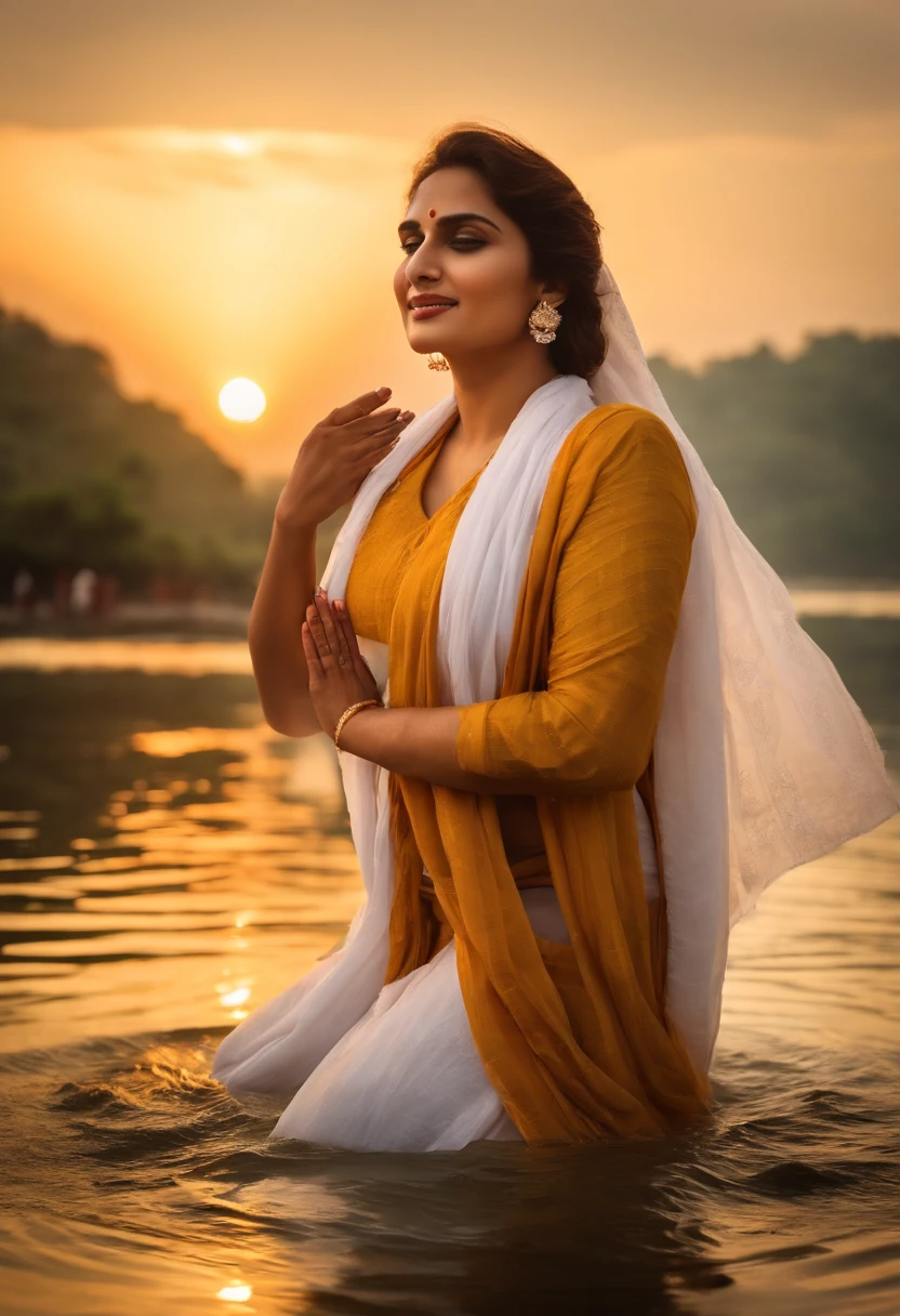 Huma Qureshi as a holy woman, bathing in the Ganges, water above hips, completely naked, a white scarf held close to body, palms joined in prayer, large eyes, sunrise, temples on the background, smiling, upper body, front view
