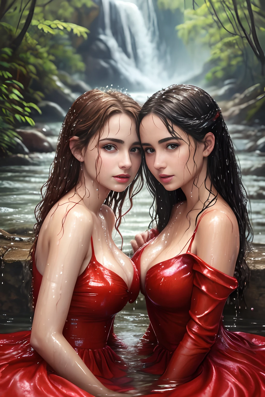 Two women sitting in the water, red dress, expensive dress, long sleeves, closeup fantasy with water magic, beautiful maidens, lesbian, looking at each other, leaning in, touching, lips touching, wearing a dress made of water, lots of cleavage, breasts touching, realistic oil painting, dripping wet, in water up to her shoulders, beautiful realistic painting, nymph in the water, hyperrealist portrait in a river, hyperrealistic fantasy art, splashing, realistic fantasy painting, cute shot, narrow depth of field, 8k, nsfw, drenched, ((soaked)), dripping water, dripping oil, heavy clothes, soaked in oil, wet all over, rouge lipstick, wet dripping hair, transparent