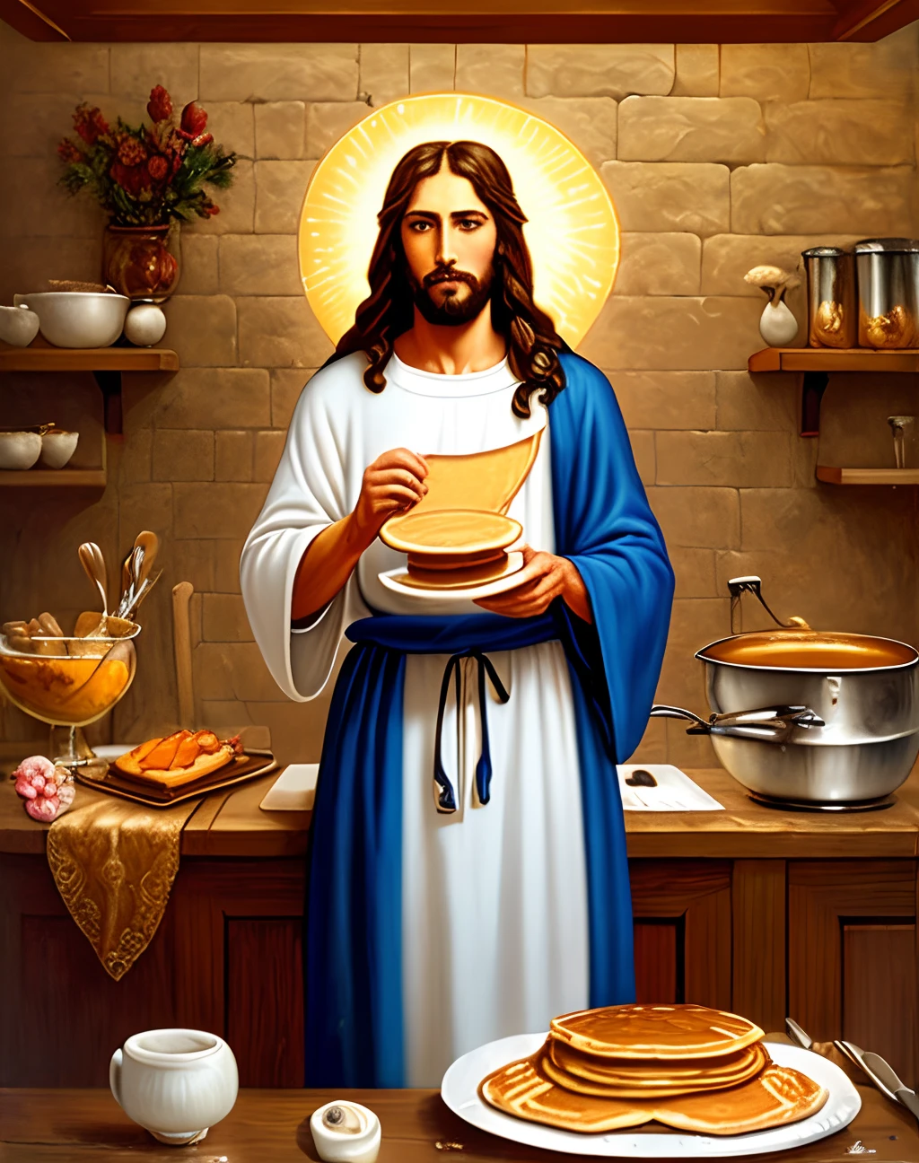 (Jesus cooks pancakes:1.1), biblical Art, hyper detailed, oil painting