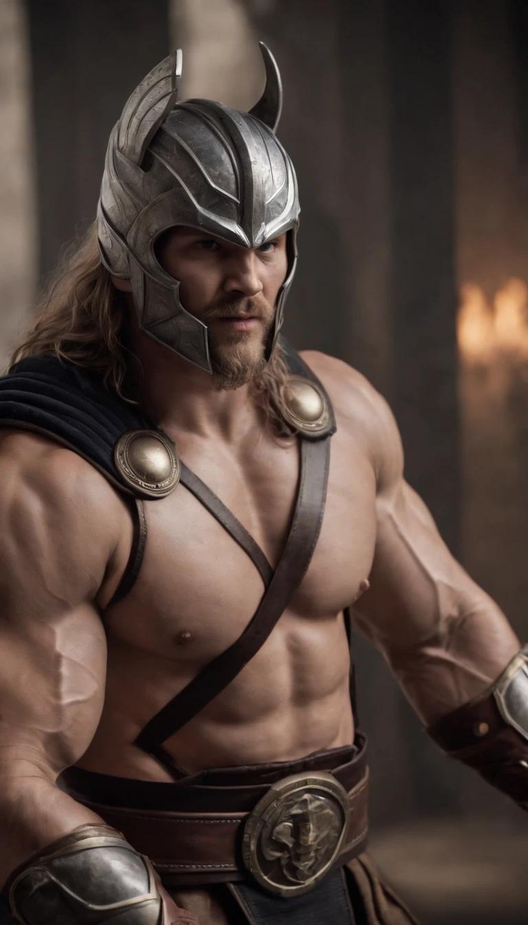 mortal kombat (thor marvel) character concept super strong, muscular, ABS, 35mm lens, photography, ultra details, HDR, UHD, 8K