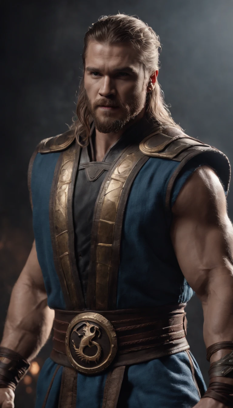 mortal kombat (thor marvel) character concept super strong, muscular, ABS, 35mm lens, photography, ultra details, HDR, UHD, 8K