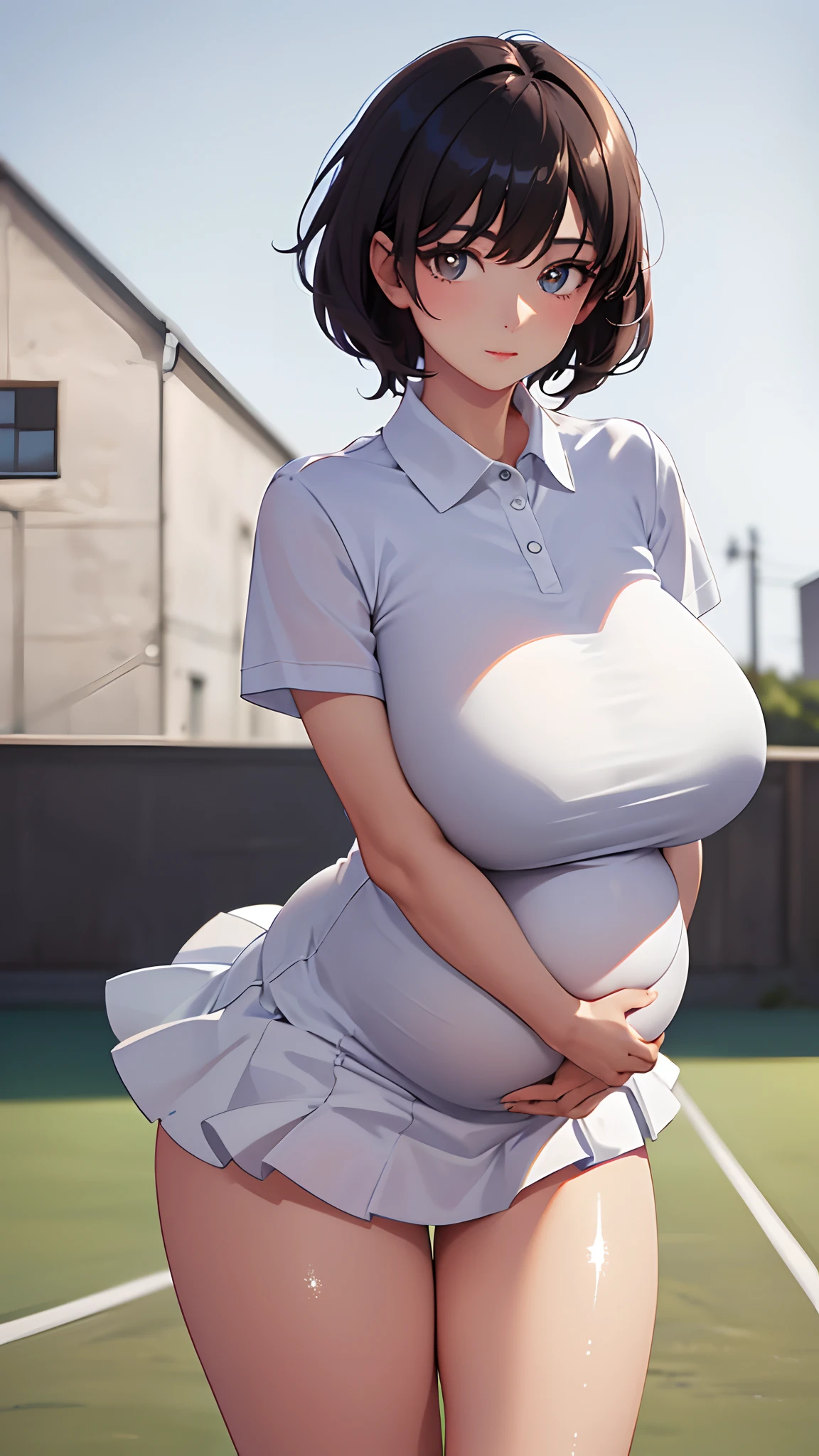 1girll, 独奏, White polo shirt, White sneakers, tennis wear, white mini-skirt, tmasterpiece, Best quality at best, realisticlying, ultra - detailed, (shiny skins, perspired:1.4), absurderes, looking at viewert, with short black hair, with brown eye,Slender,Dynamic light and shadow,A high resolution,Sharp focus,depth of fields,The eyes are delicate,Sharp pupils,pupil realistic,(huge boob),(Thigh thick:1.0),exteriors,Skysky,pregnant belly,Pregnant belly
