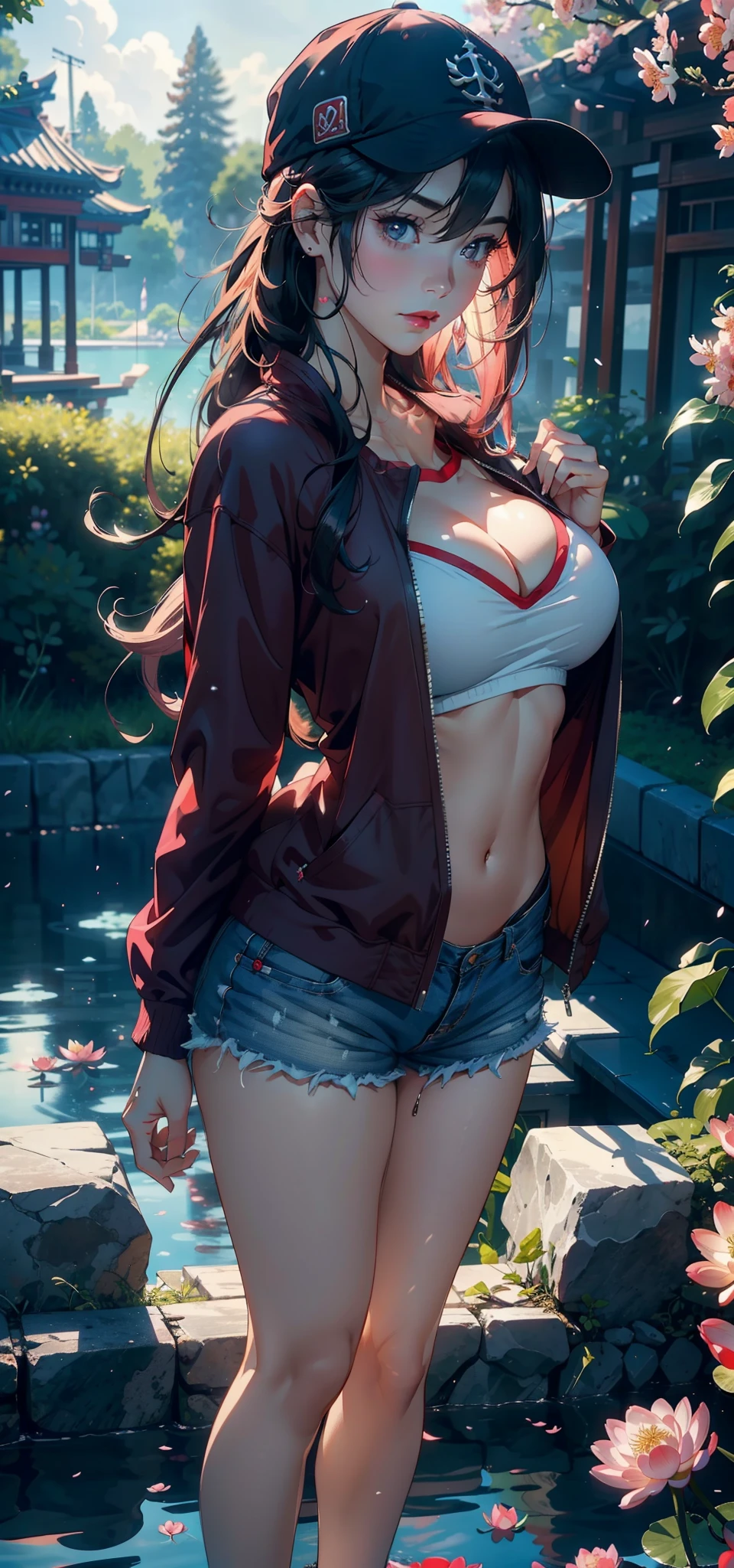 1female,19 years old,s girl,super adorable,Bigchest ,Pornographic exposure, 独奏,(Background with:hilltop,the rainforest,in summer,Standing water on the ground,exteriors) Feel free to hairstyle,legs are open,Sweat profusely,drenched all over the body,seen from the front,Long black hair , mostly cloudy sky,(((tmasterpiece),(Very detailed CG unity 8K wallpaper),best qualtiy,cinmatic lighting,detailed back ground,beatiful detailed eyes,Bright pupils,(Very fine and beautiful),(Beautiful and detailed eye description),ultra - detailed,tmasterpiece,)),facing at camera,A high resolution,ultra - detailed)nakeness,with no underpants,revealing breasts,Bare genitalia, Bulge,Camel toes,Raised sexy,Lewd expression,frontage,White military cap(Wearing:Red aviator short jacket,White bikini shorts,)Full body photo,Show shoes