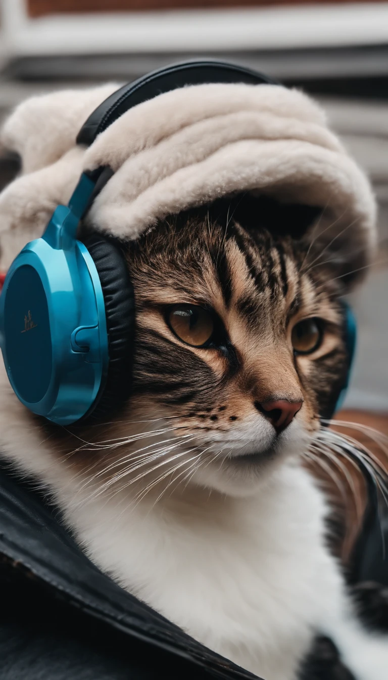 kucing menggunakan kacamata hitam dan headphone mengenakan jaket ungu dengan latar belakang tembok merah muda dan biru