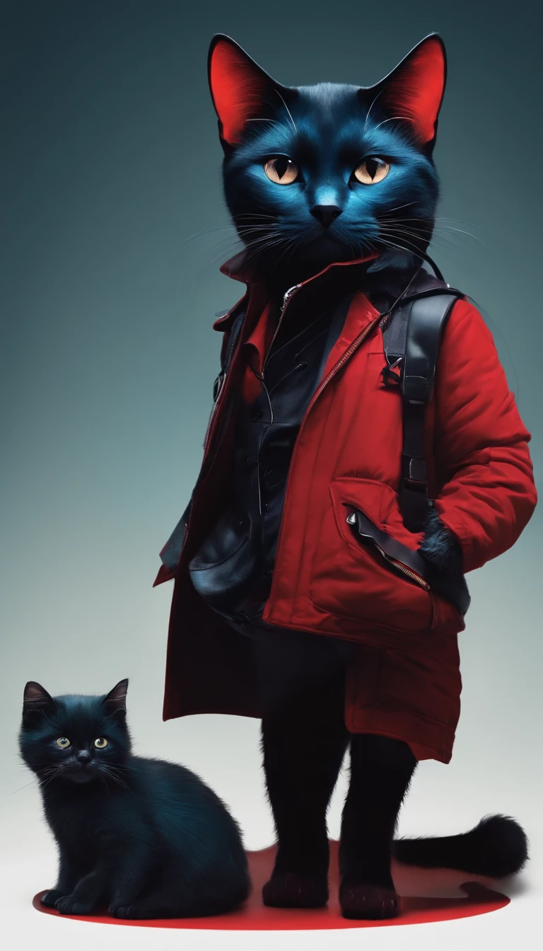 kucing menggunakan kacamata hitam dan headphone mengenakan jaket ungu dengan latar belakang tembok merah muda dan biru